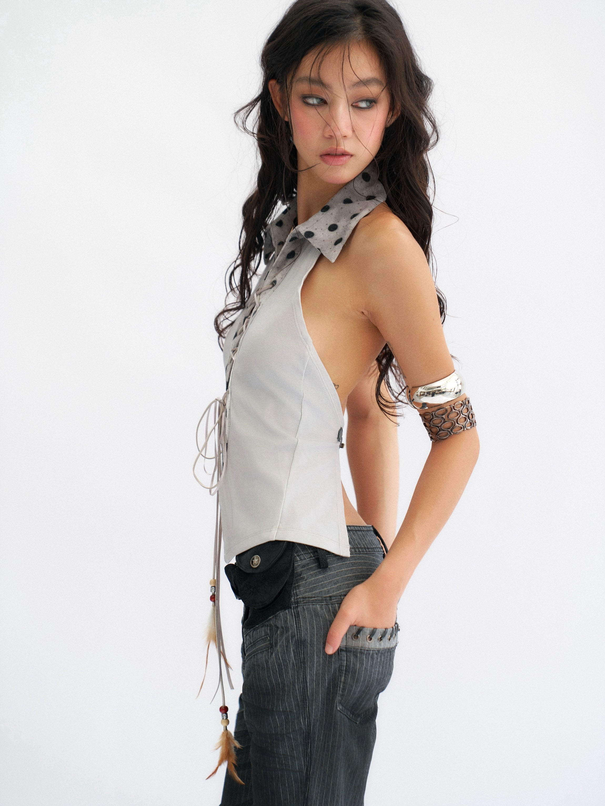 Smoke Dotted Lace-Up Halter Top