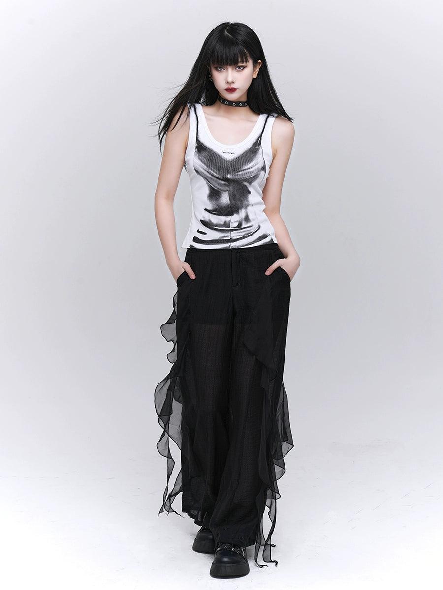 Ladyghost Grunge Skull Tank Top - Women'S Black And White Tie-Dye Sleeveless Shirt With Gothic Print