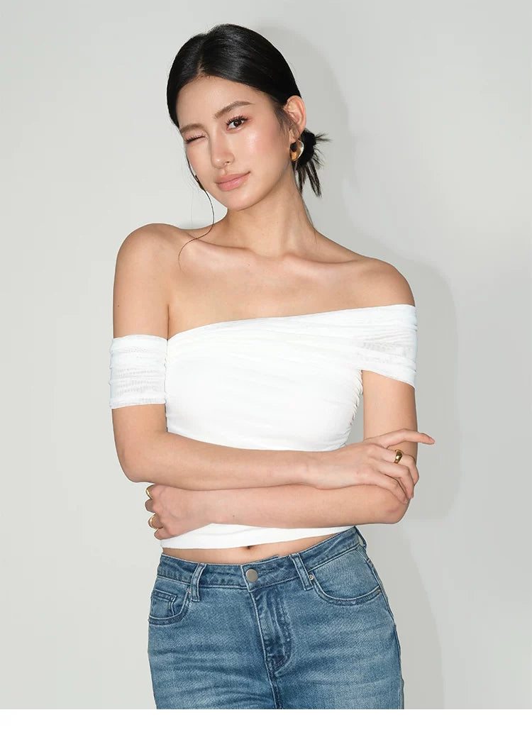 Asymmetric Off Shoulder Ruched Tube Top