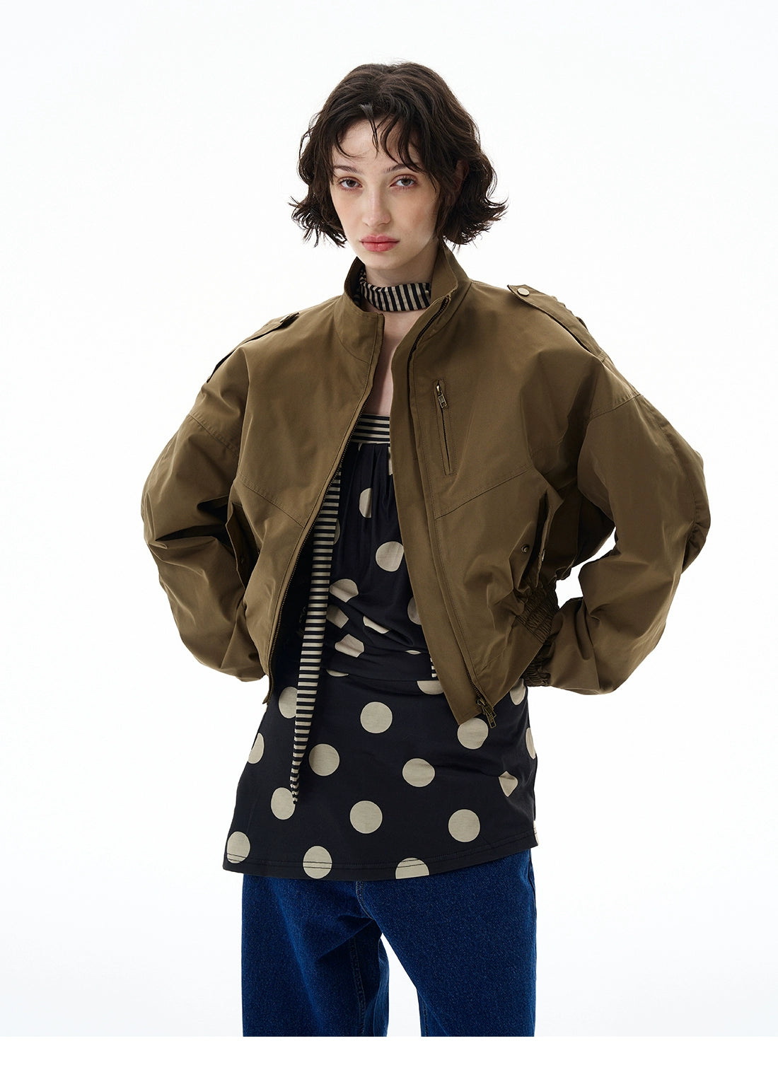 Cropped Utility High Collar Bomber Jacket