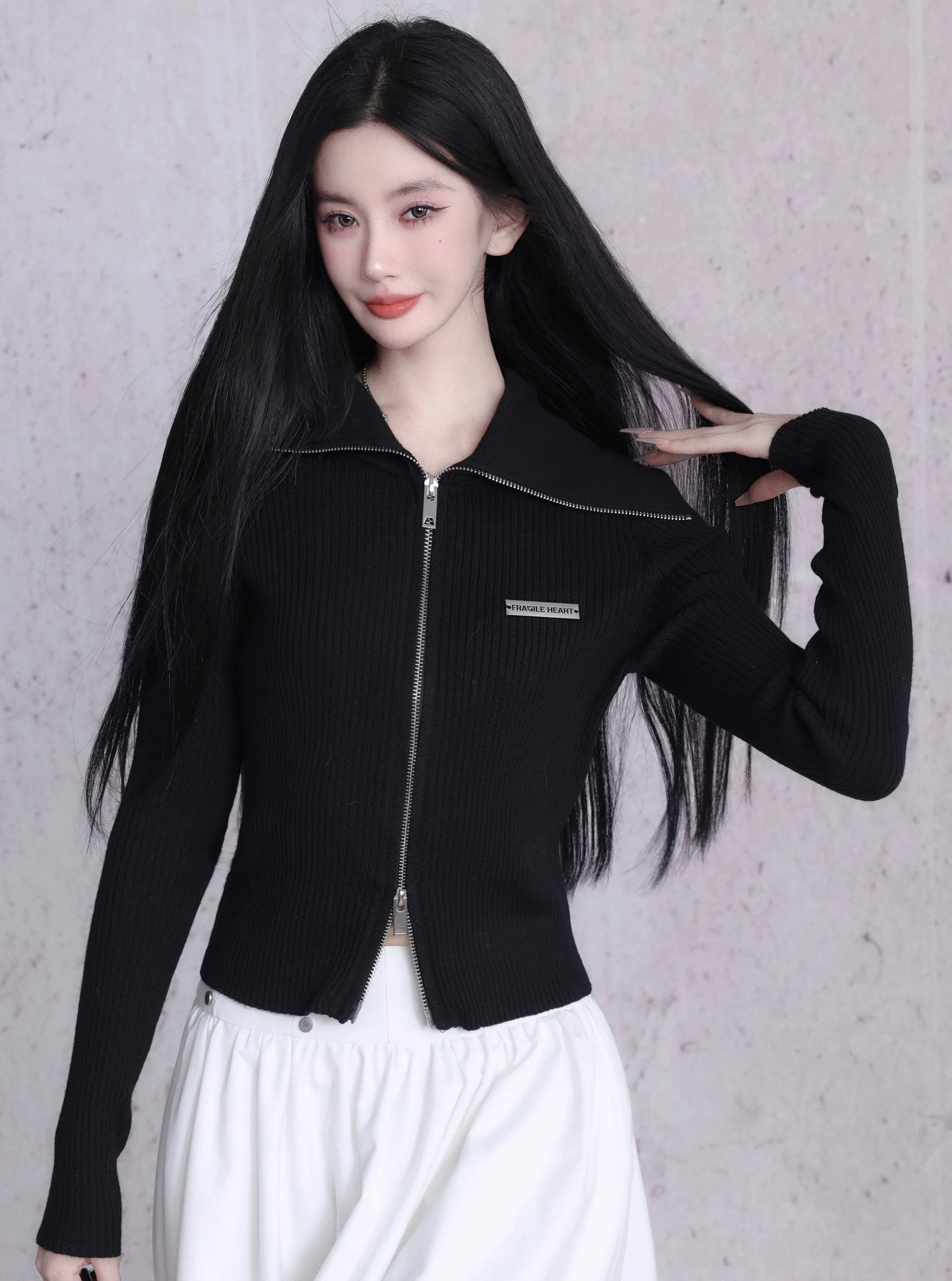 Ribbed Zip-Front Cropped Cardigan - Fitted Long Sleeve Knit Top in Black, Grey, and White