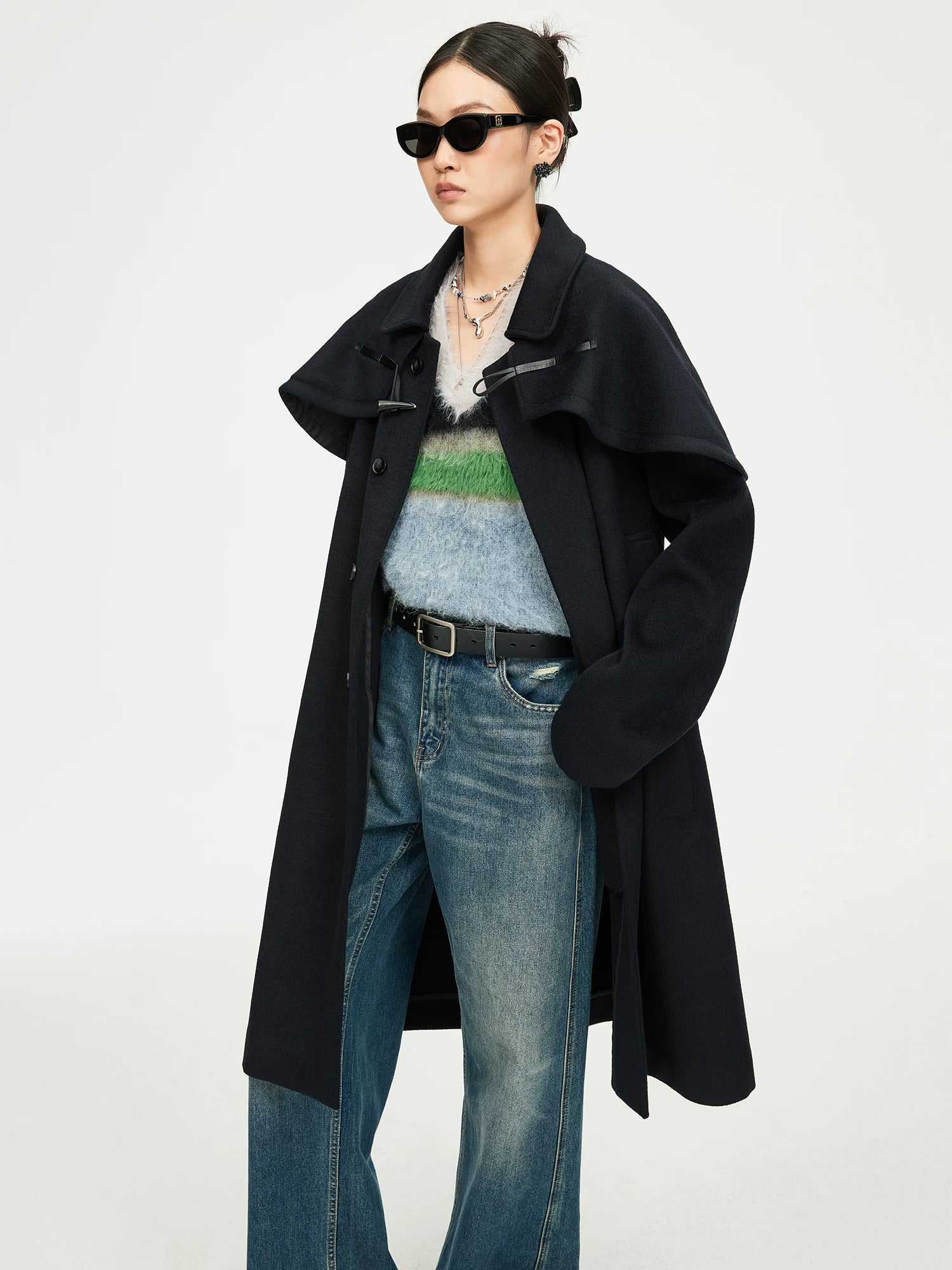 Black Cape-Detail Long Coat
