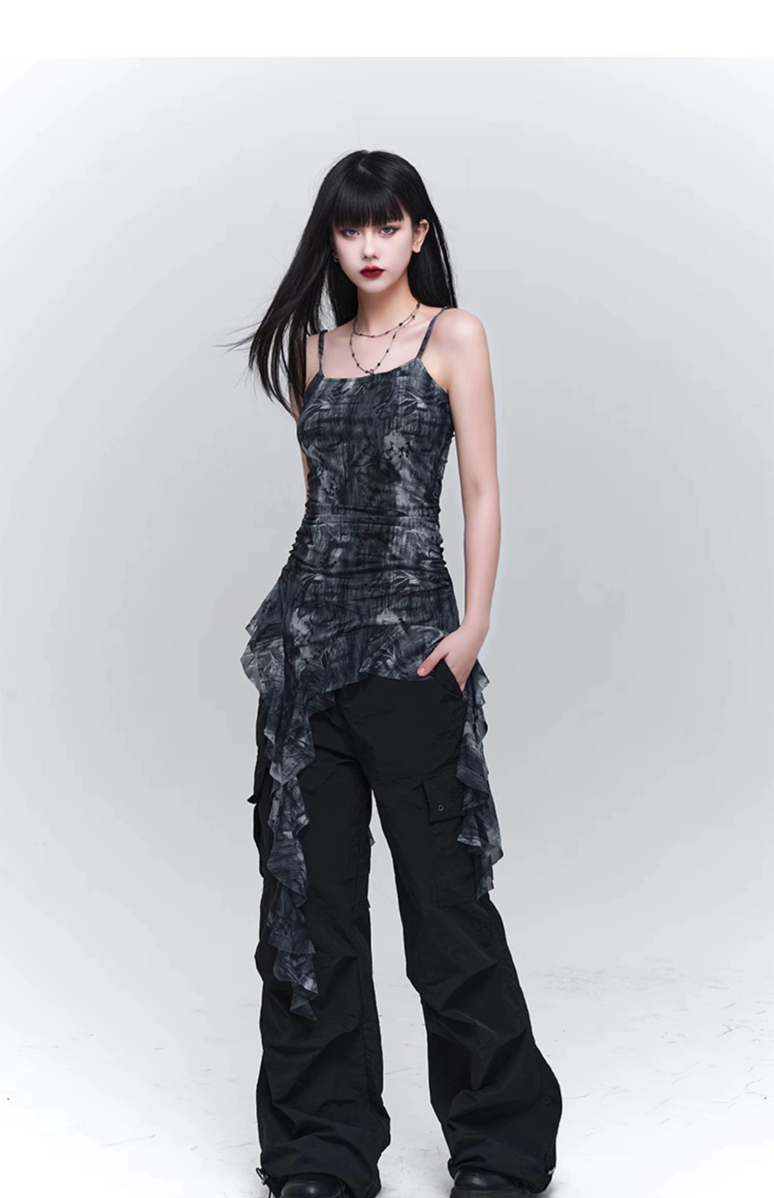 Ladyghost Grunge Fairy Asymmetrical Cami Dress - Women'S Tie-Dye Ruched Mini Dress With Ruffle Hem