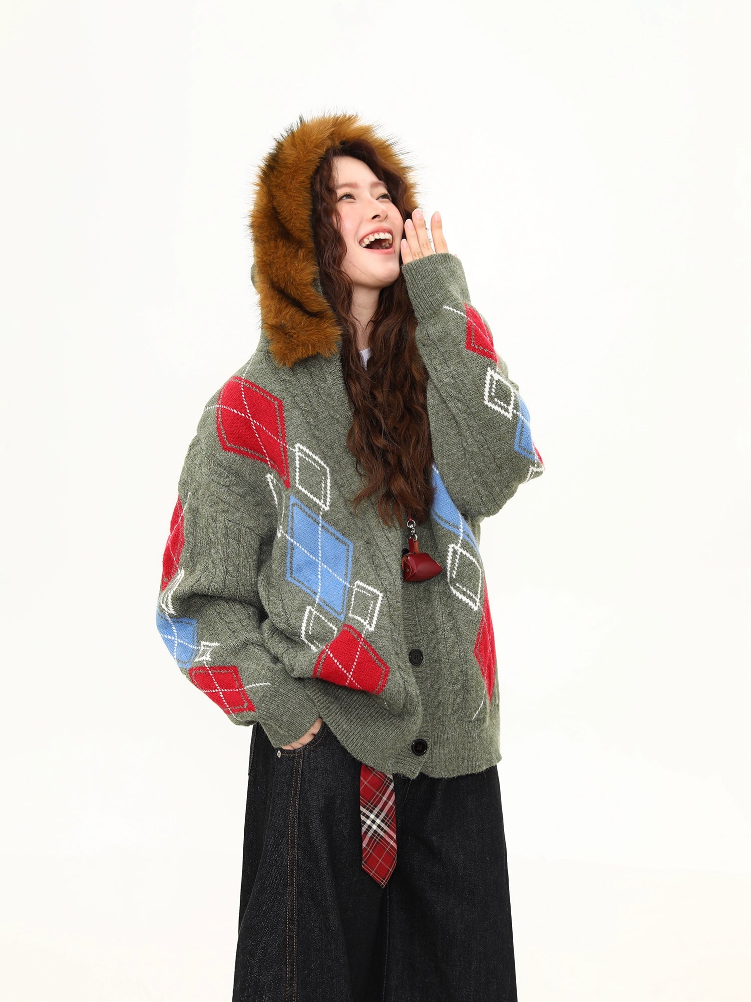 Frosty Argyle Faux-Fur Hood Cardigan