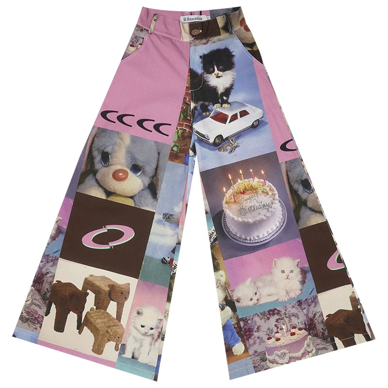 Cat Print Cake Birthday Wide-Leg Pants - chiclara