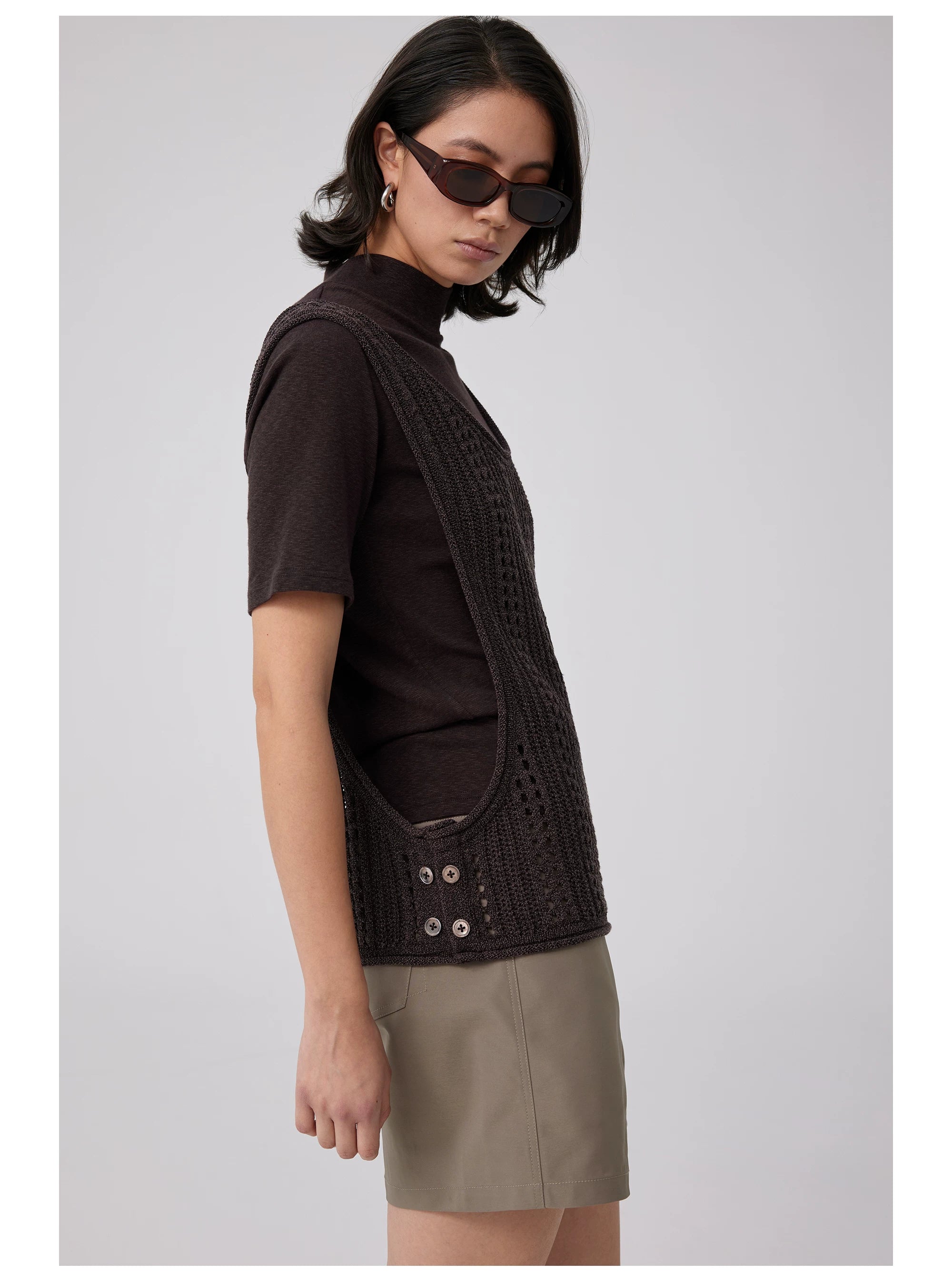 Open-Knit Button-Detail Vest