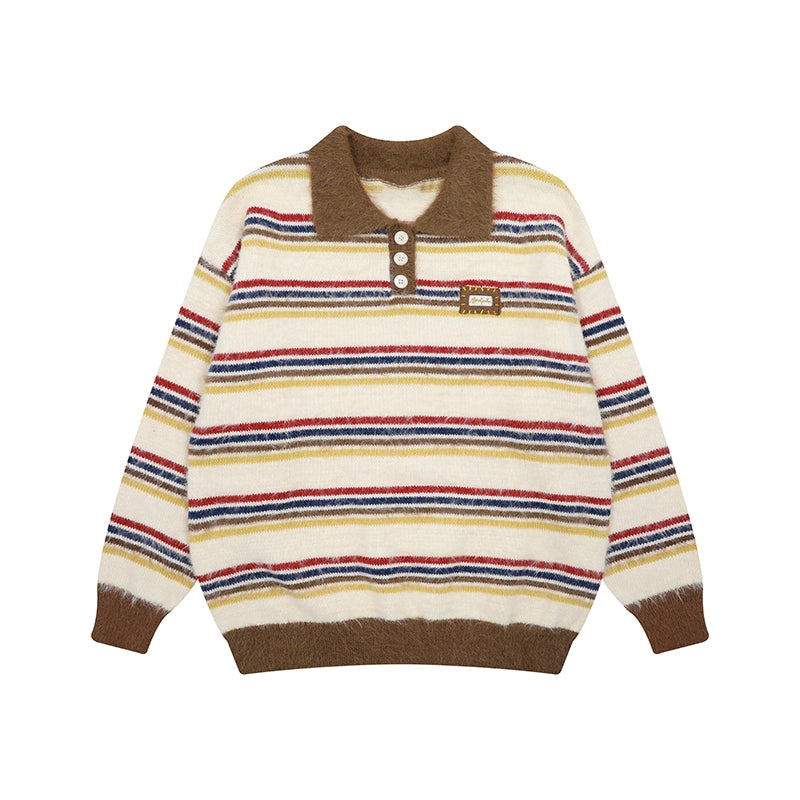 Retro Striped Fuzzy Knit Collared Sweater