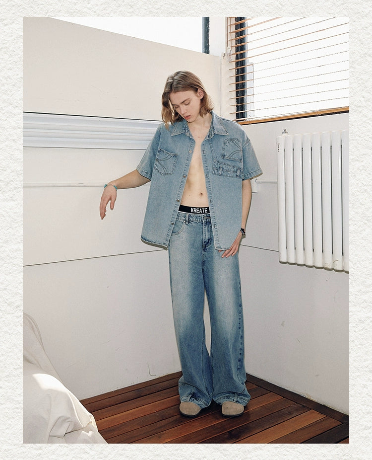 Wide-Leg Black Denim Jeans with Back Patch Pocket