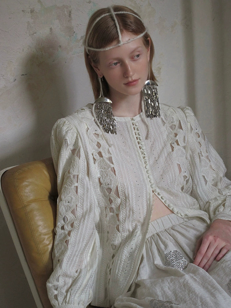 Lace Cutout Button Front Blouse