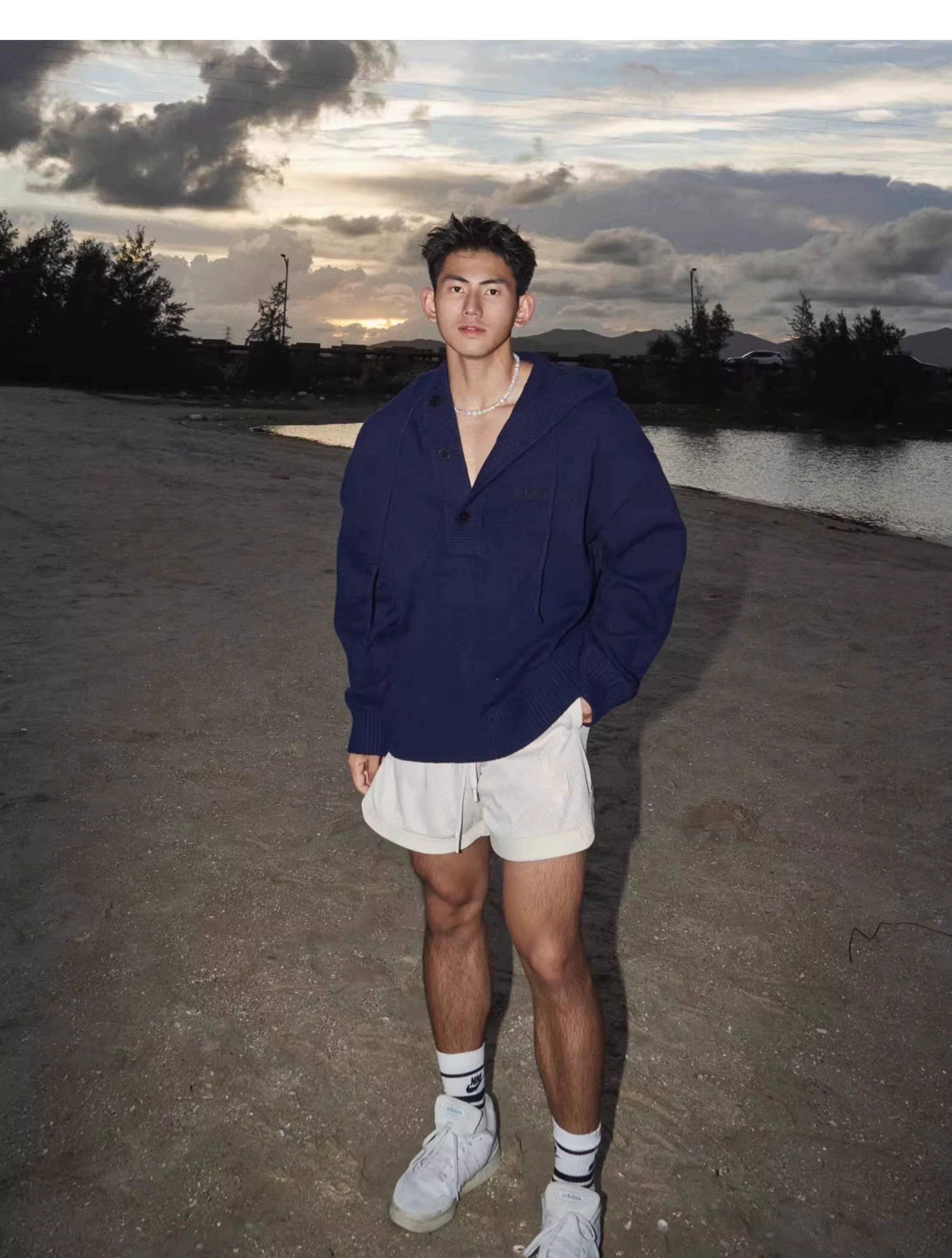 Blue Knit Hooded Henley Sweater