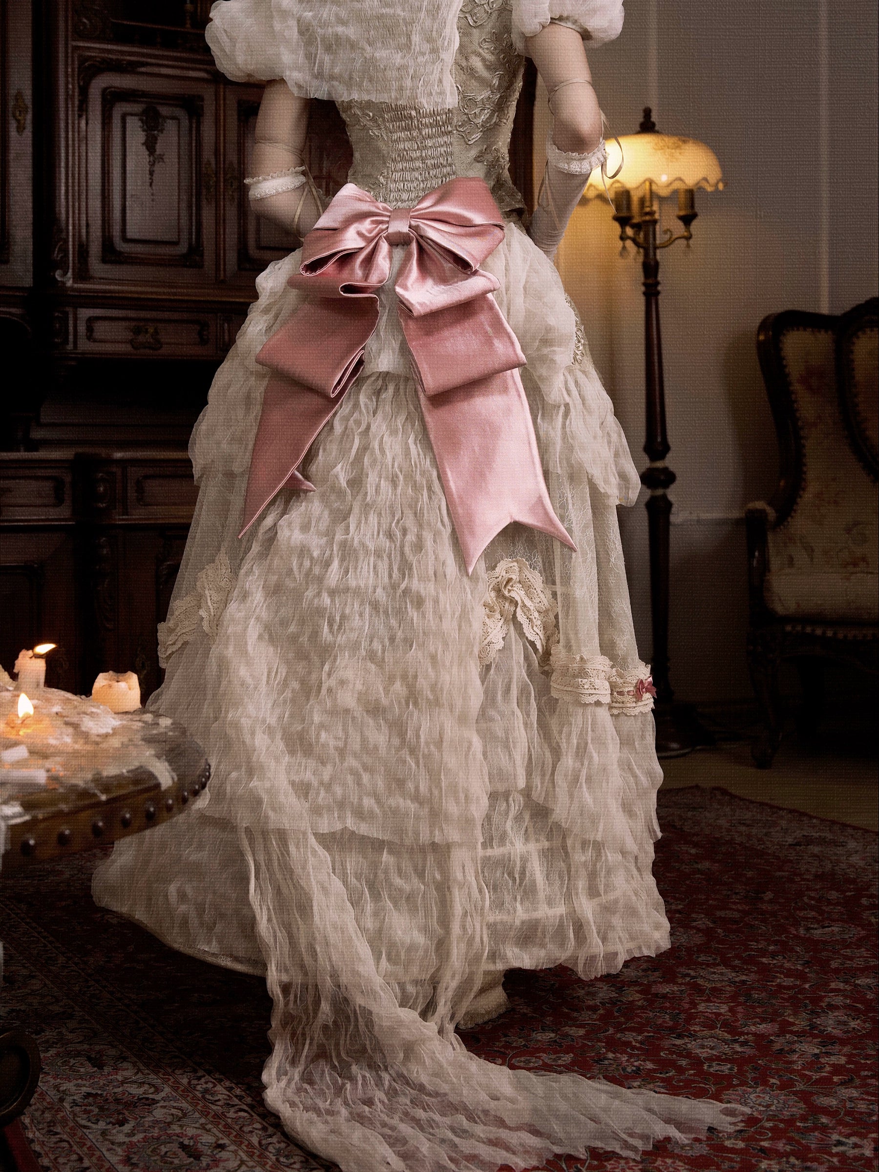 Victorian Ivory Layered Lace Skirt with Pink Bows