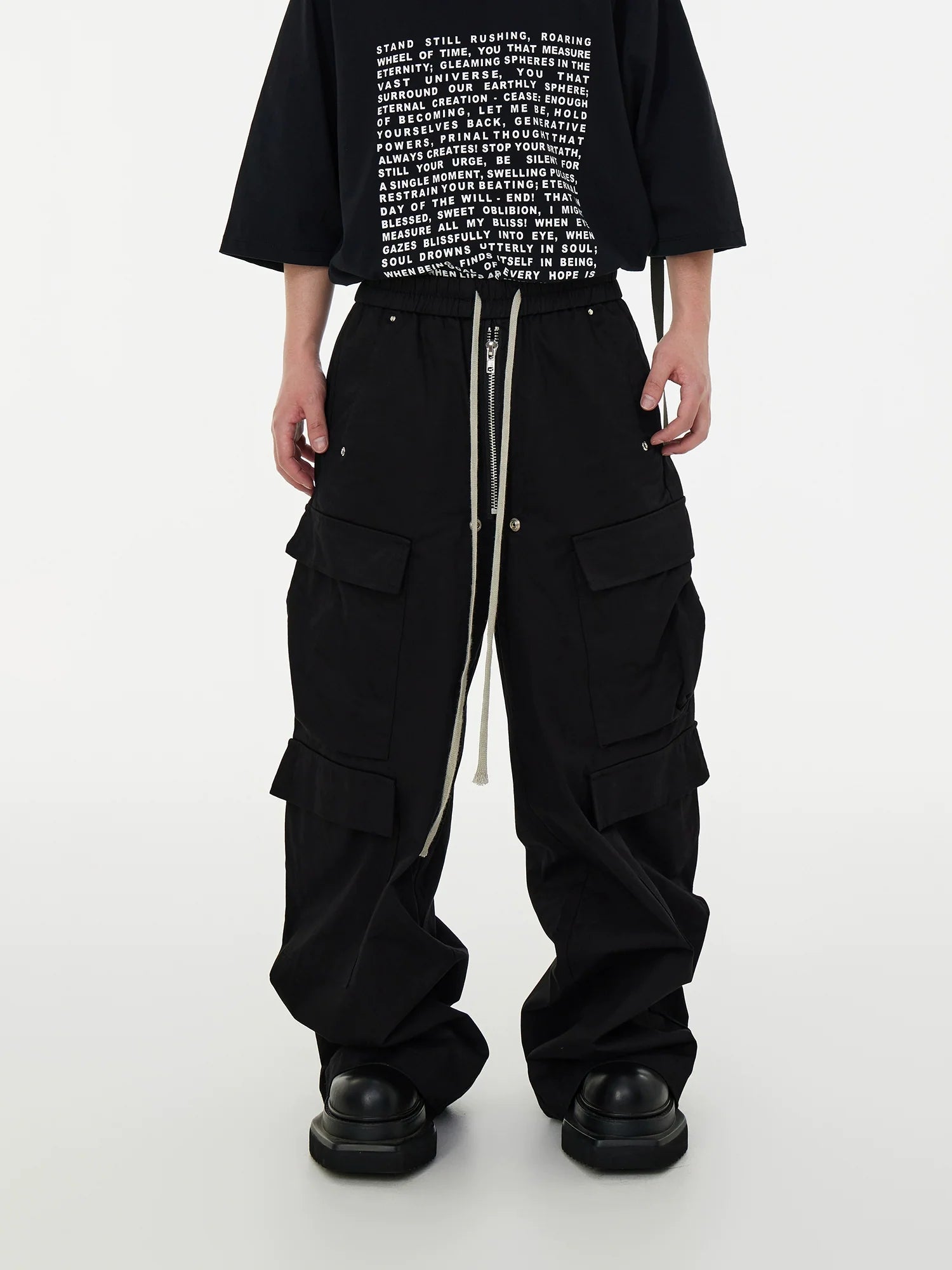 Black Drawstring Multi-Pocket Dragging Cargo Pants