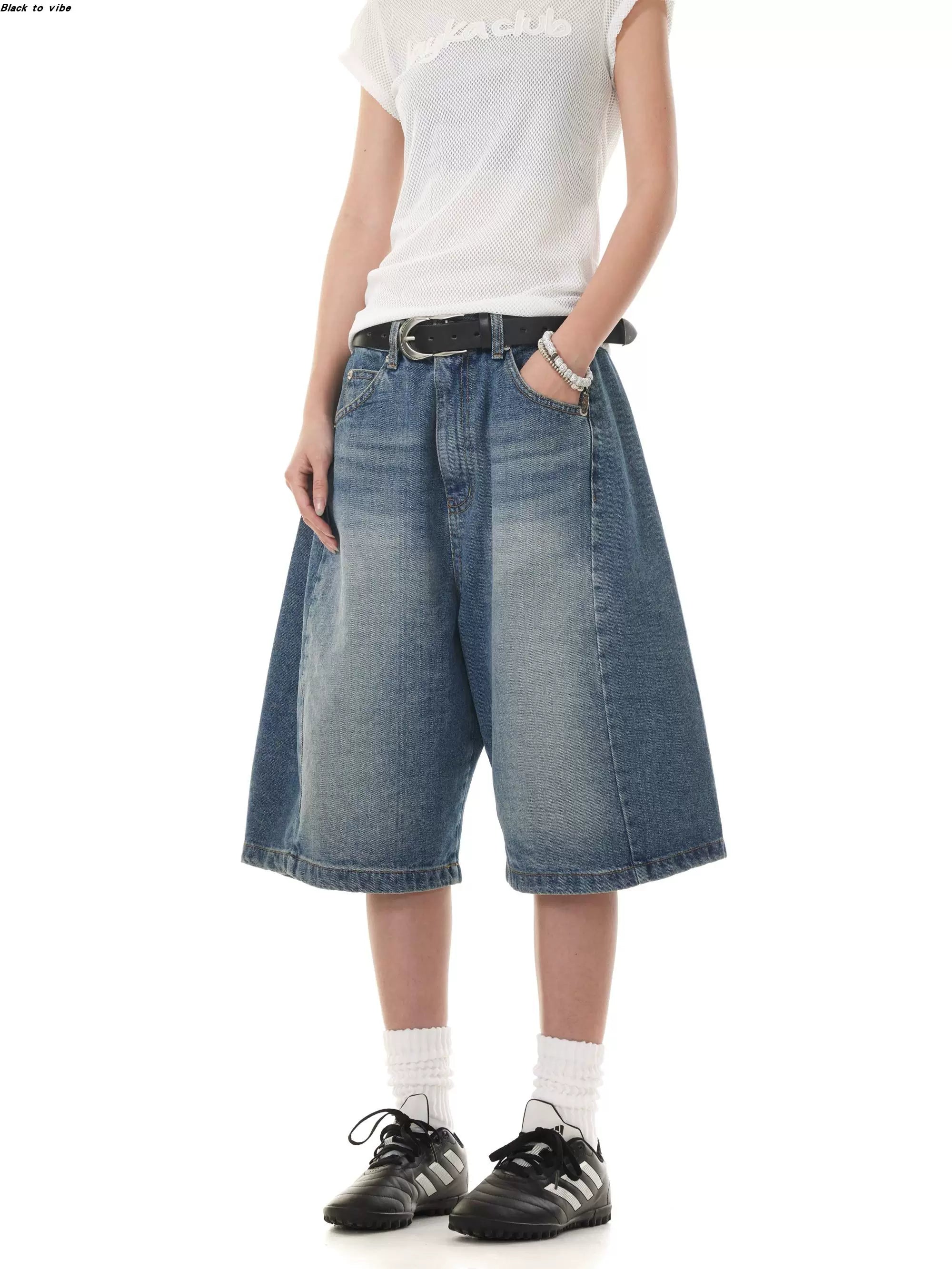 Washed Denim Bermuda Shorts - blue standing view