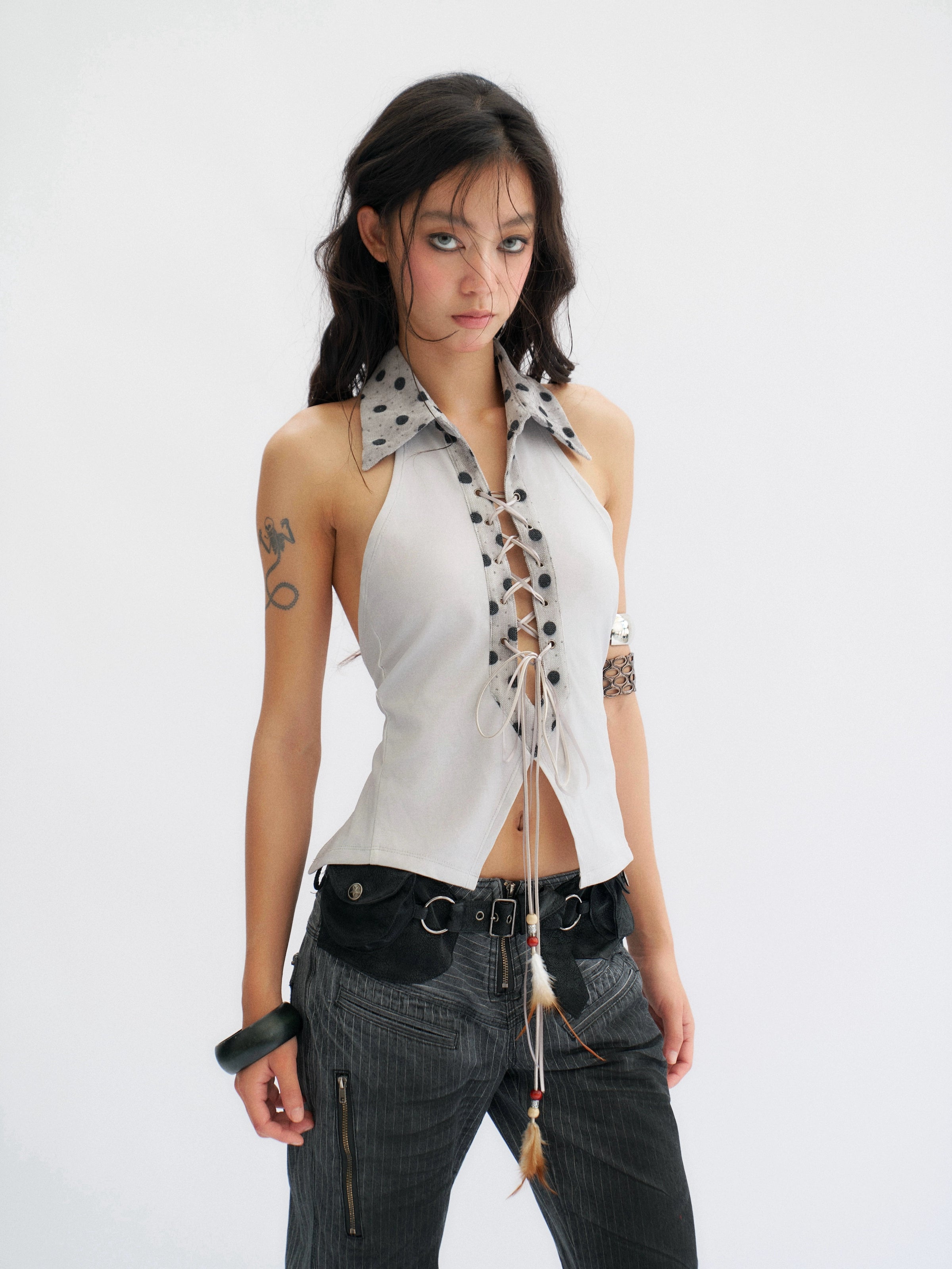 Smoke Dotted Lace-Up Halter Top