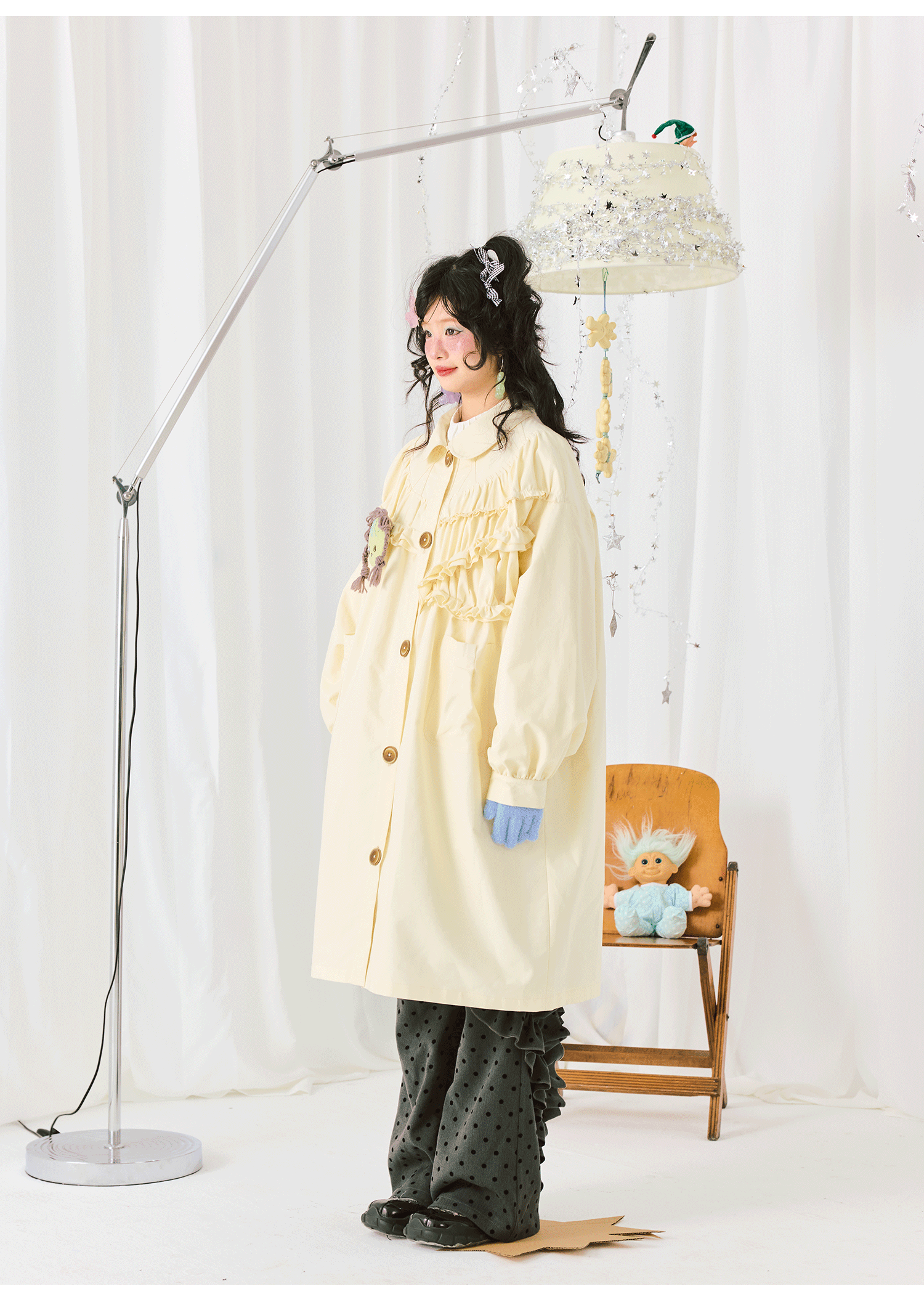 Ruffle Yoke Buttercream Long Coat
