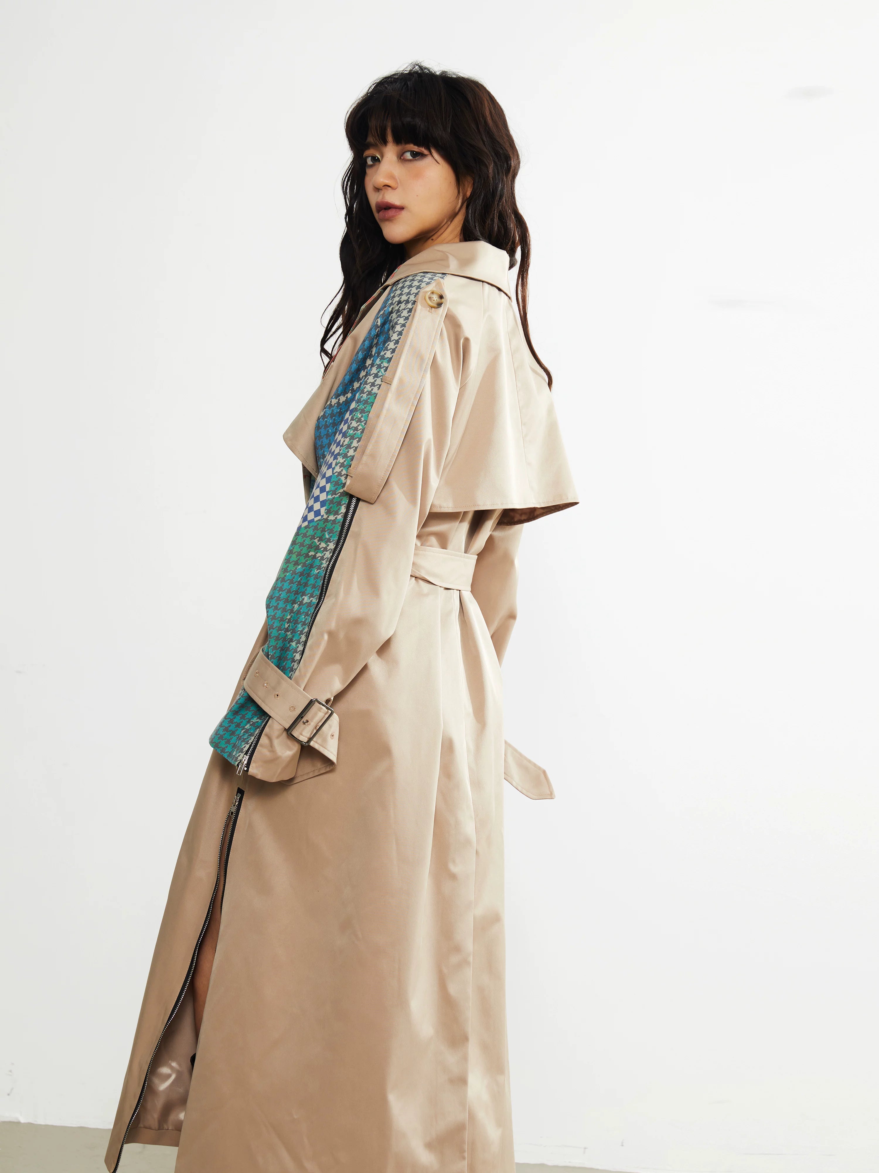 Patchwork Print Belted Trench Coat