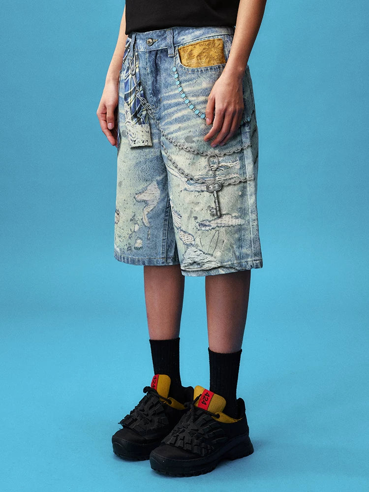 Plaid Chain Print Denim Jorts
