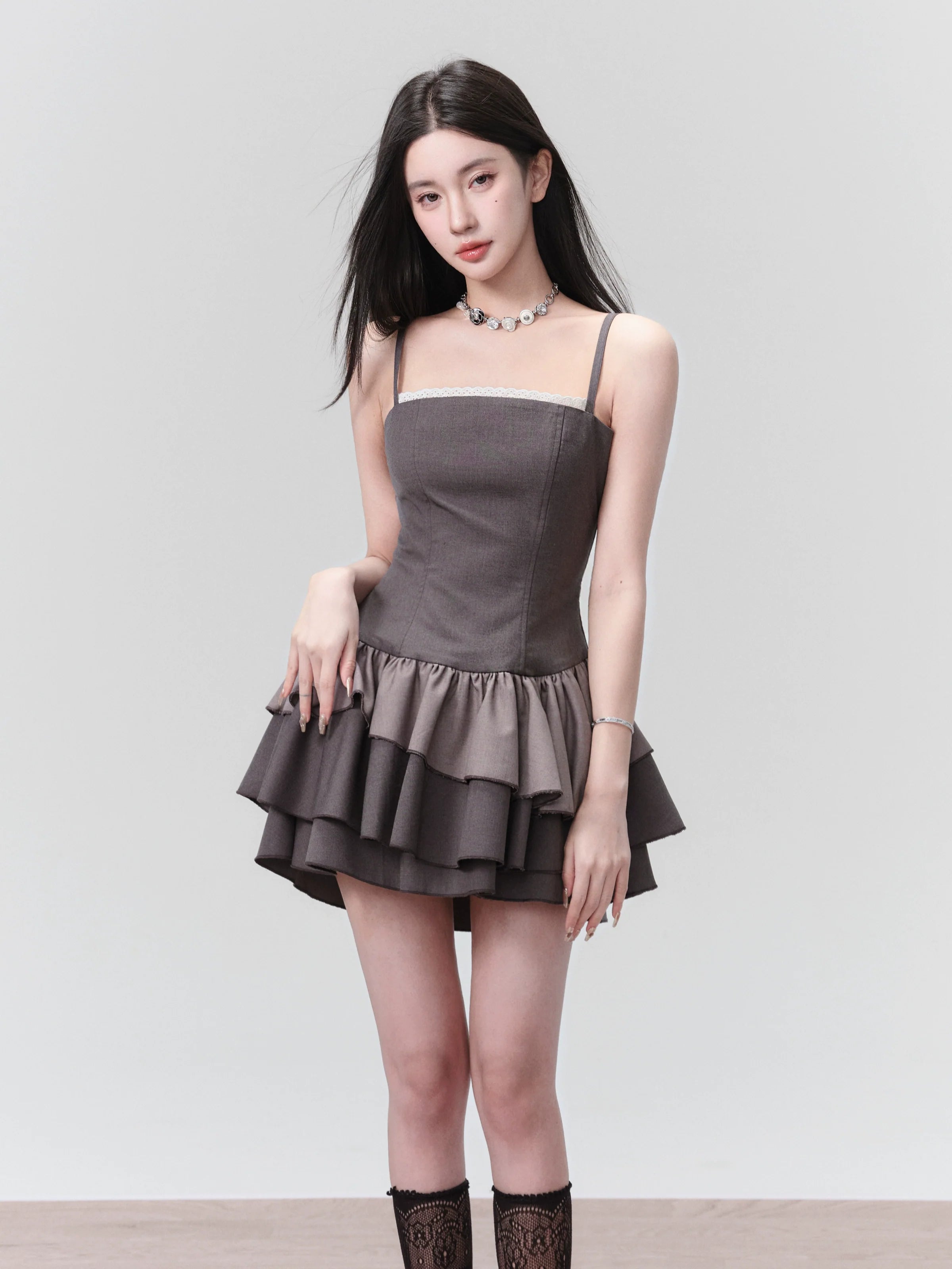 Charcoal Chic: Strapless Ruffle-Tier Mini Dress