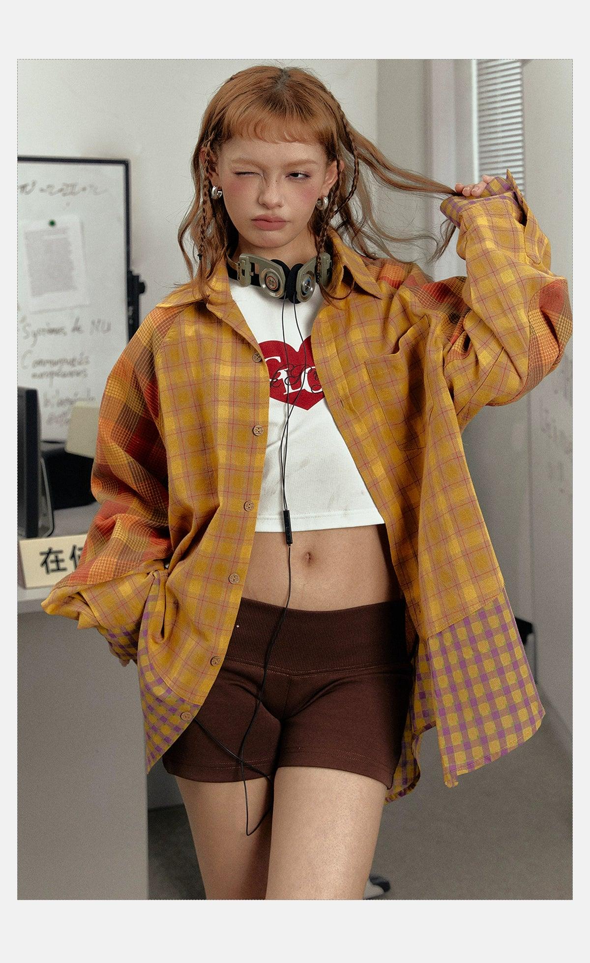 Ezek Mustard Plaid Oversized Shirt Jacket - Unisex Colorblock Flannel Shacket With Purple Checks