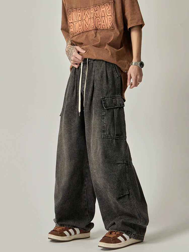 Wide-Leg Washed Black Cargo Jeans with Drawstring Waist