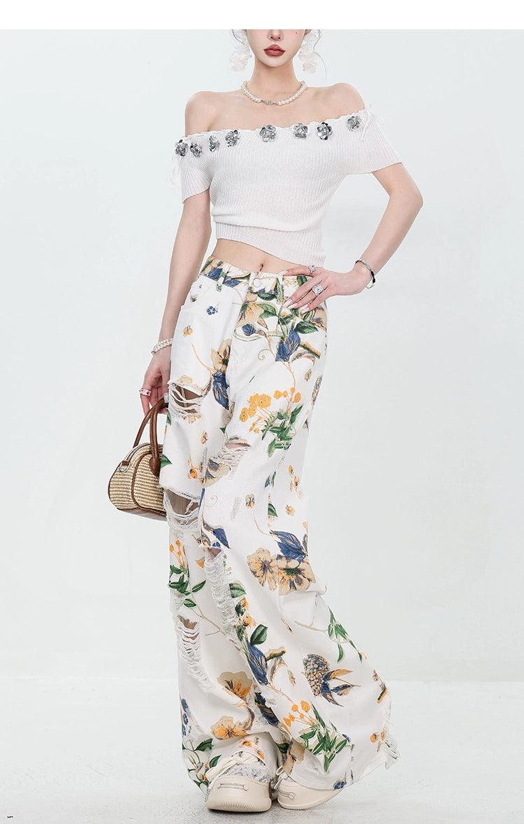 Breezy Bloom Distressed Wide-Leg Jeans