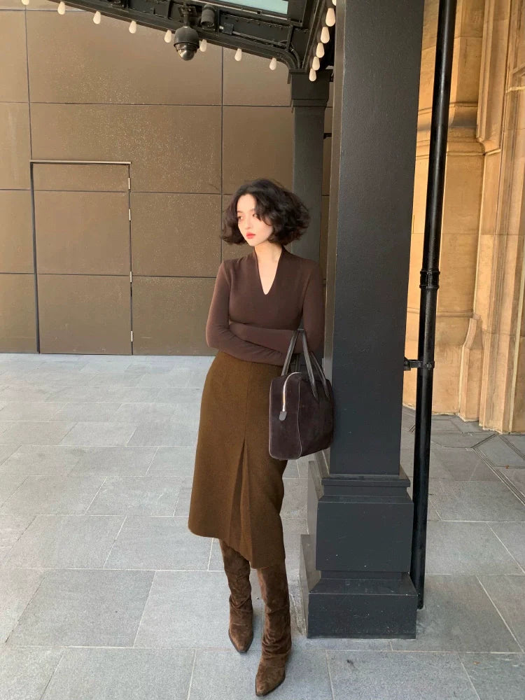 Slit Woolen Midi Pencil Skirt