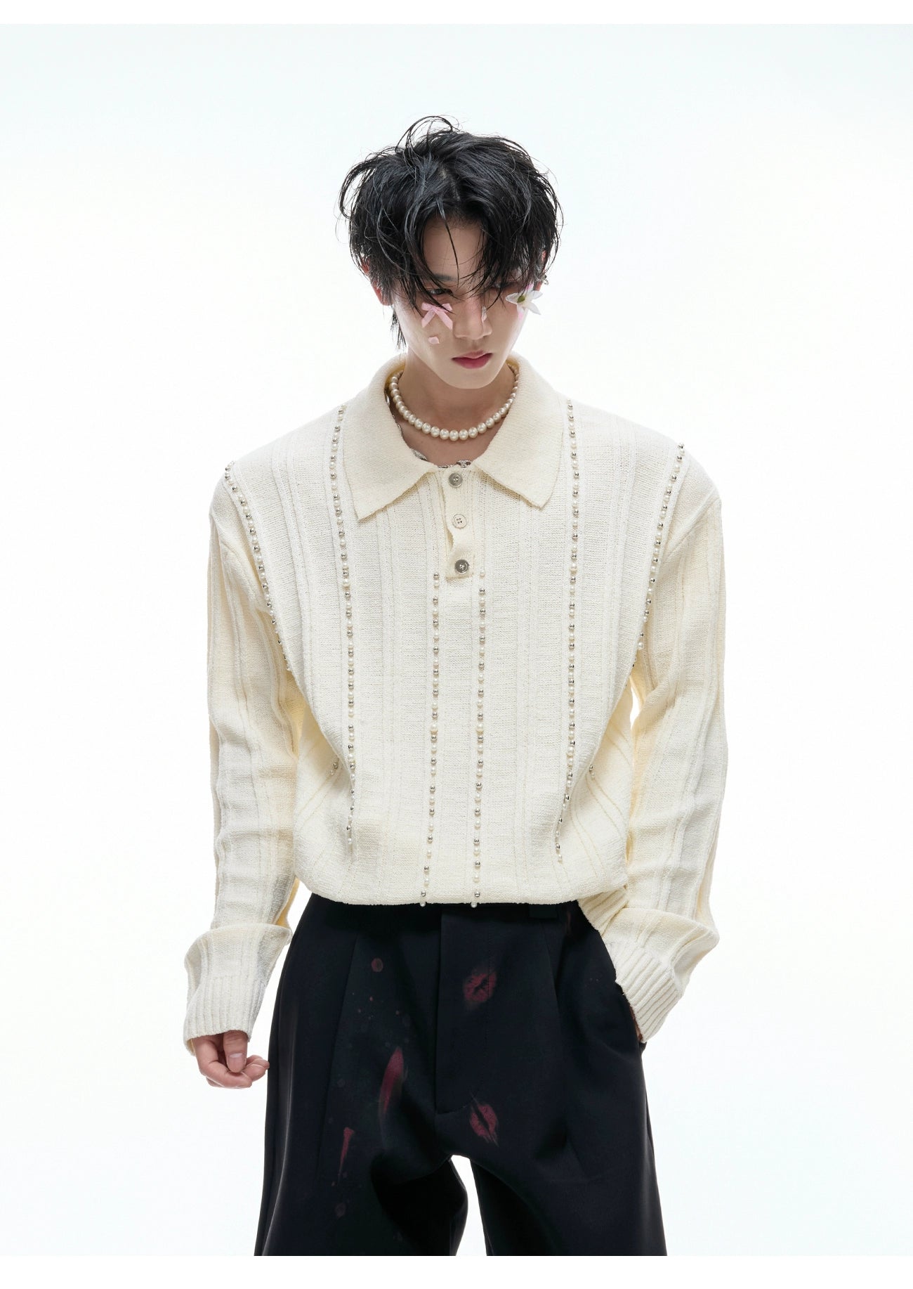 Beaded Knit Polo Sweater
