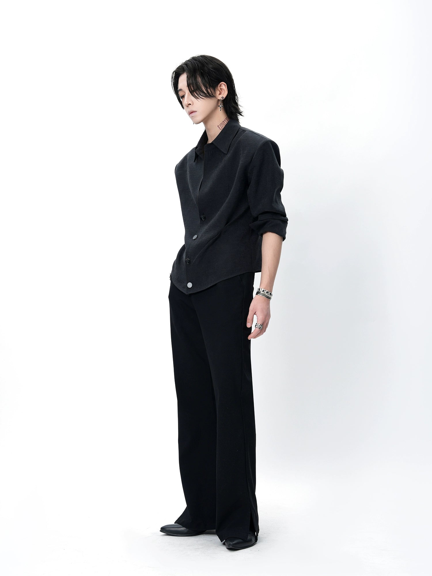 Black Sculpted Waist Button-Up Shirt