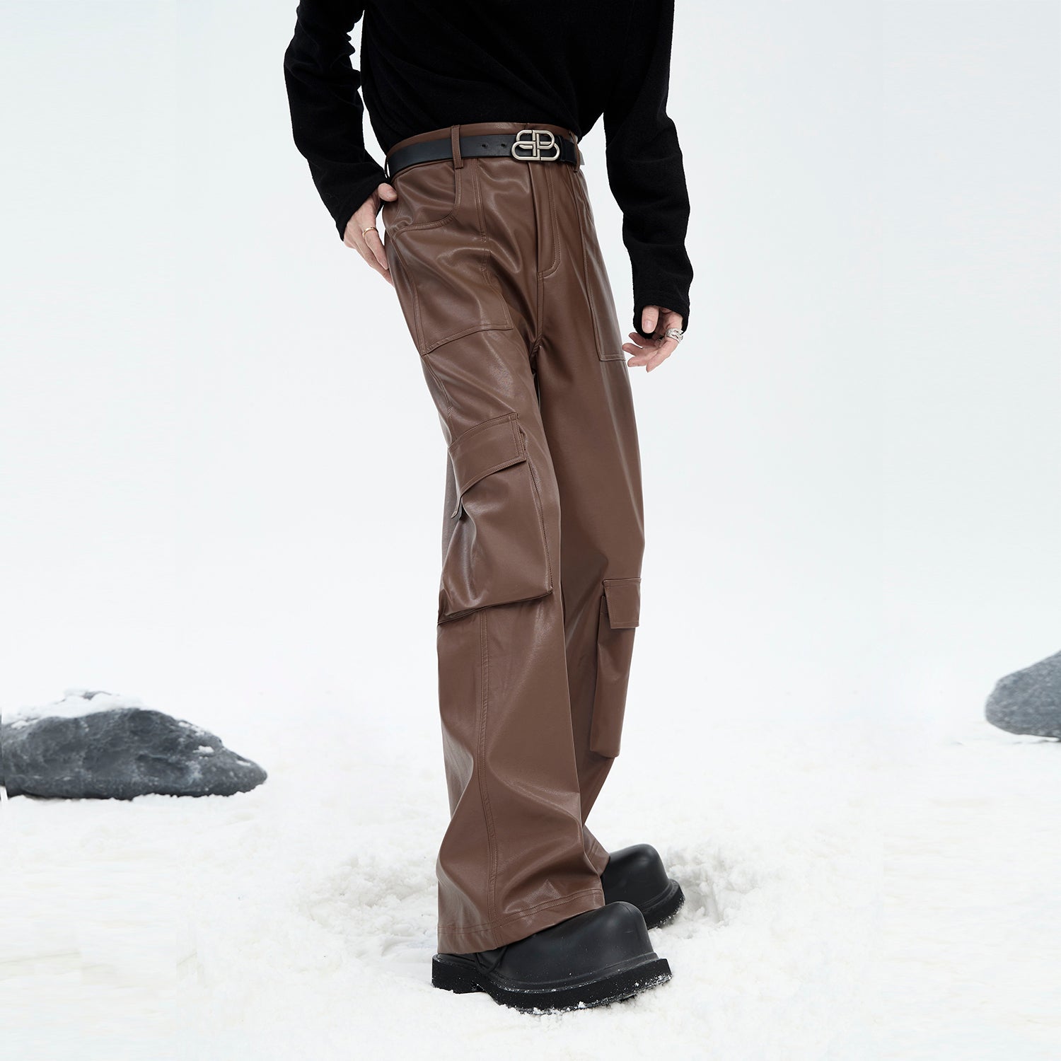 3D Pocket Leather Cargo Pants with Wide Leg