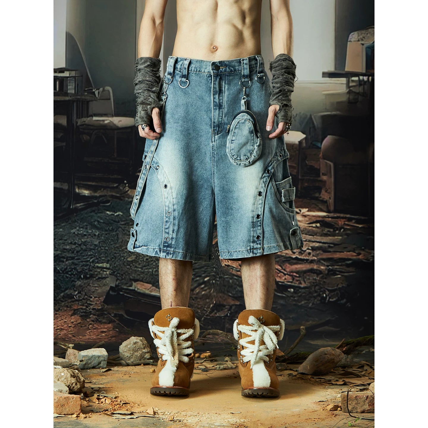 Wasteland Harness Cargo Denim Shorts