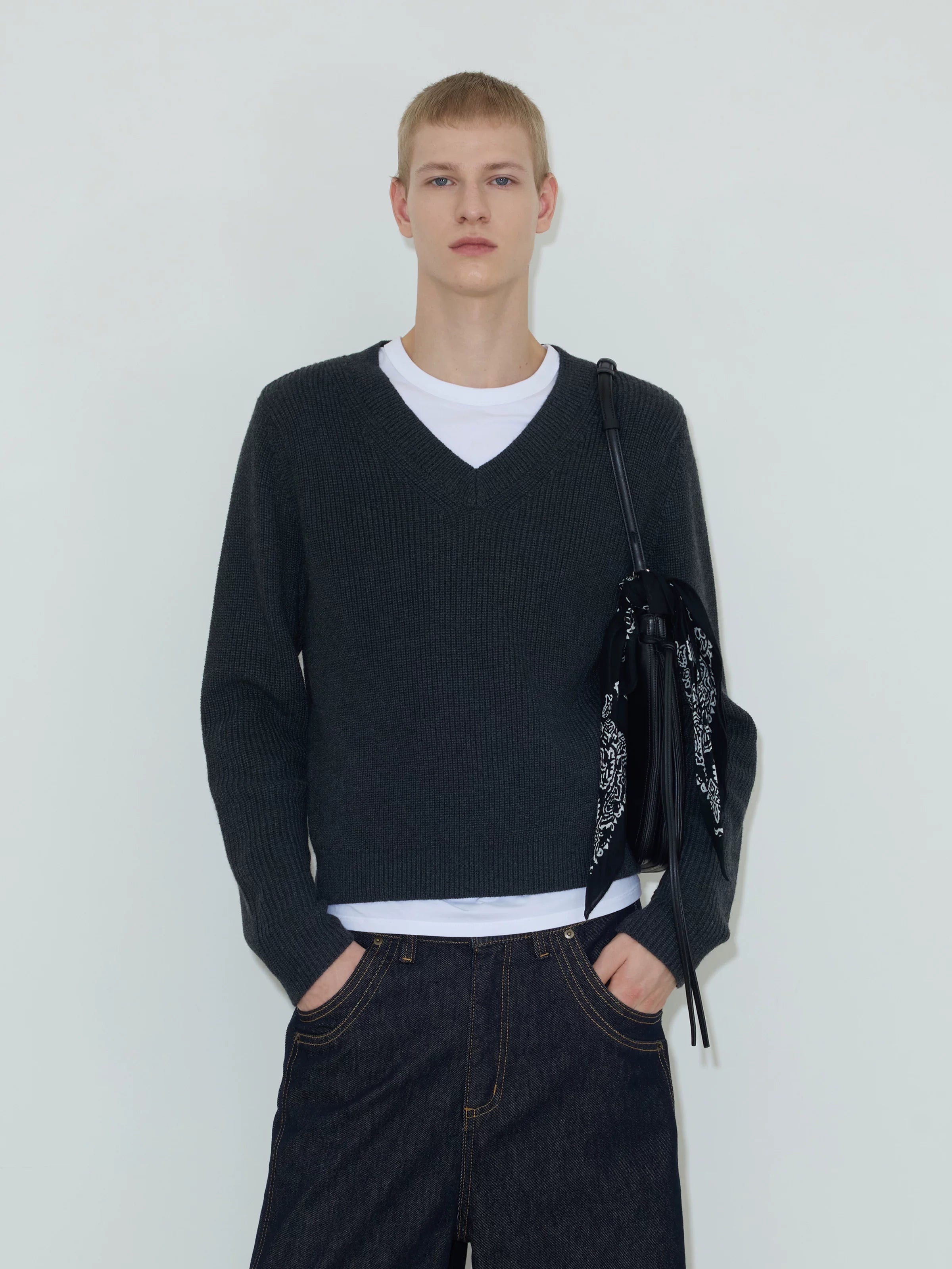 Graphite V‑Neck Knit Sweater