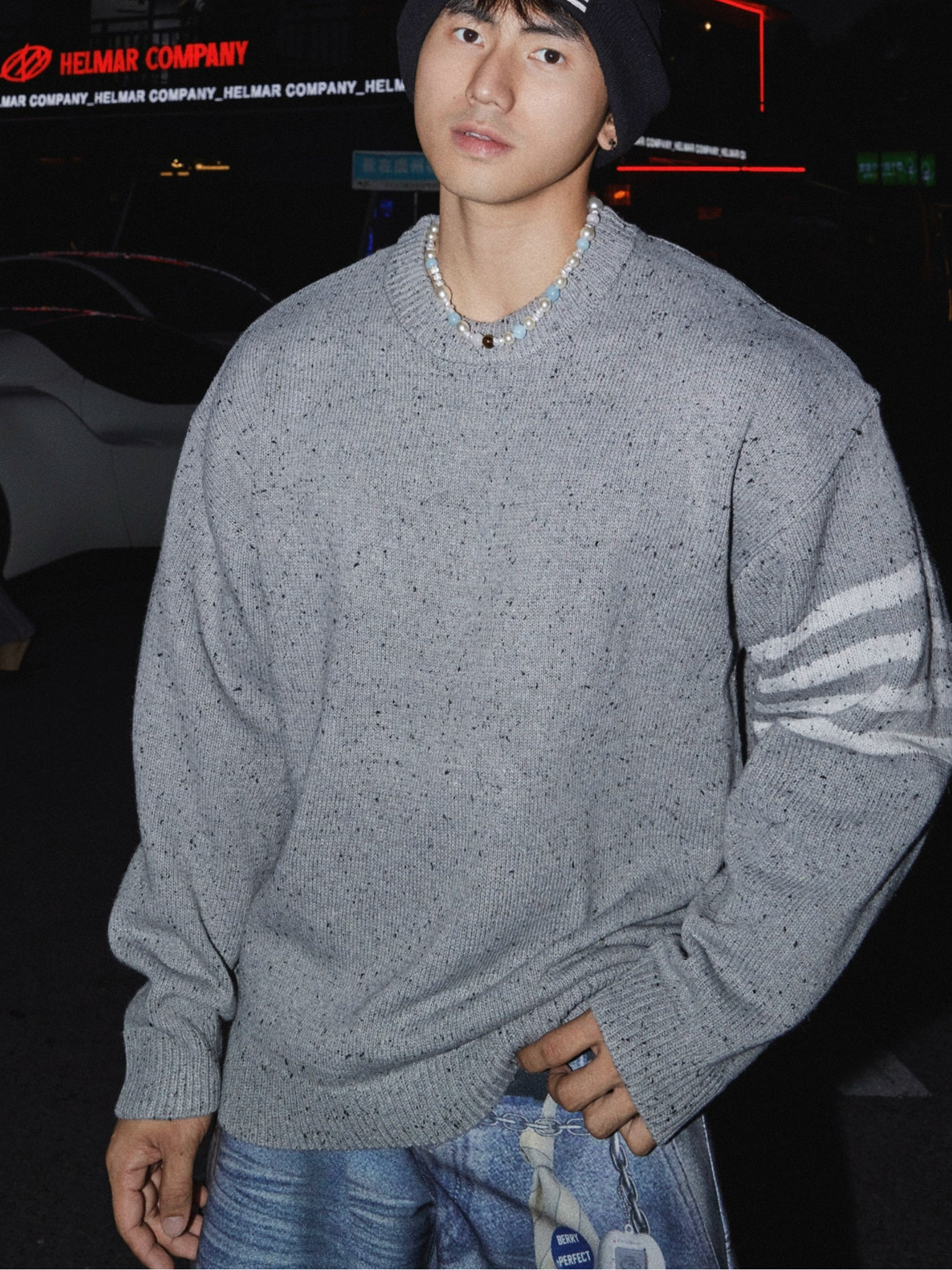 Granite Fleck Stripe-Sleeve Knit Sweater