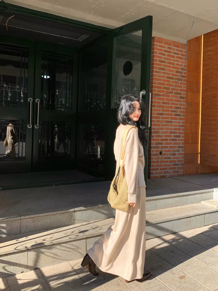 Wool Blend Long-Sleeve Top and Maxi Skirt Setup