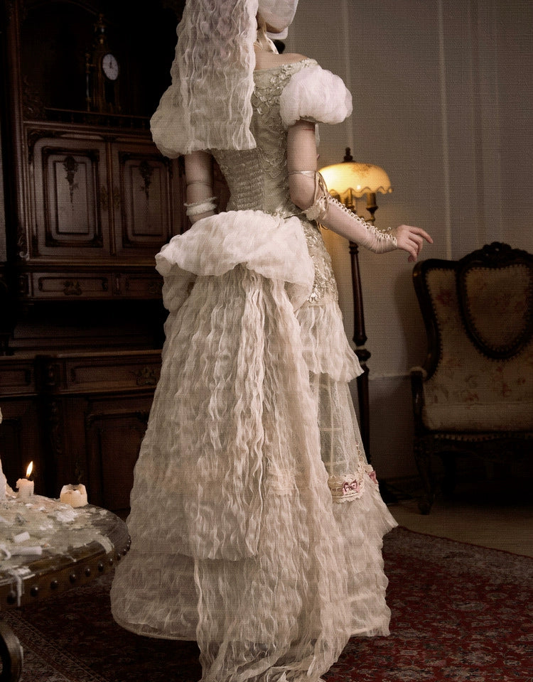 Victorian Ivory Layered Lace Skirt with Pink Bows