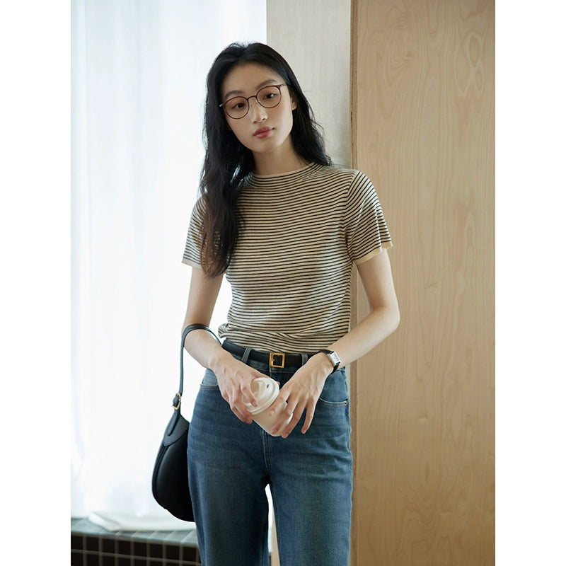 Mid-neck Knitted Short-sleeve T-shirt
