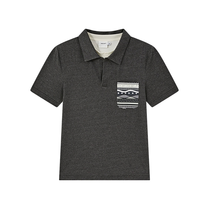 Charcoal Polo Shirt with Patterned Chest Pocket