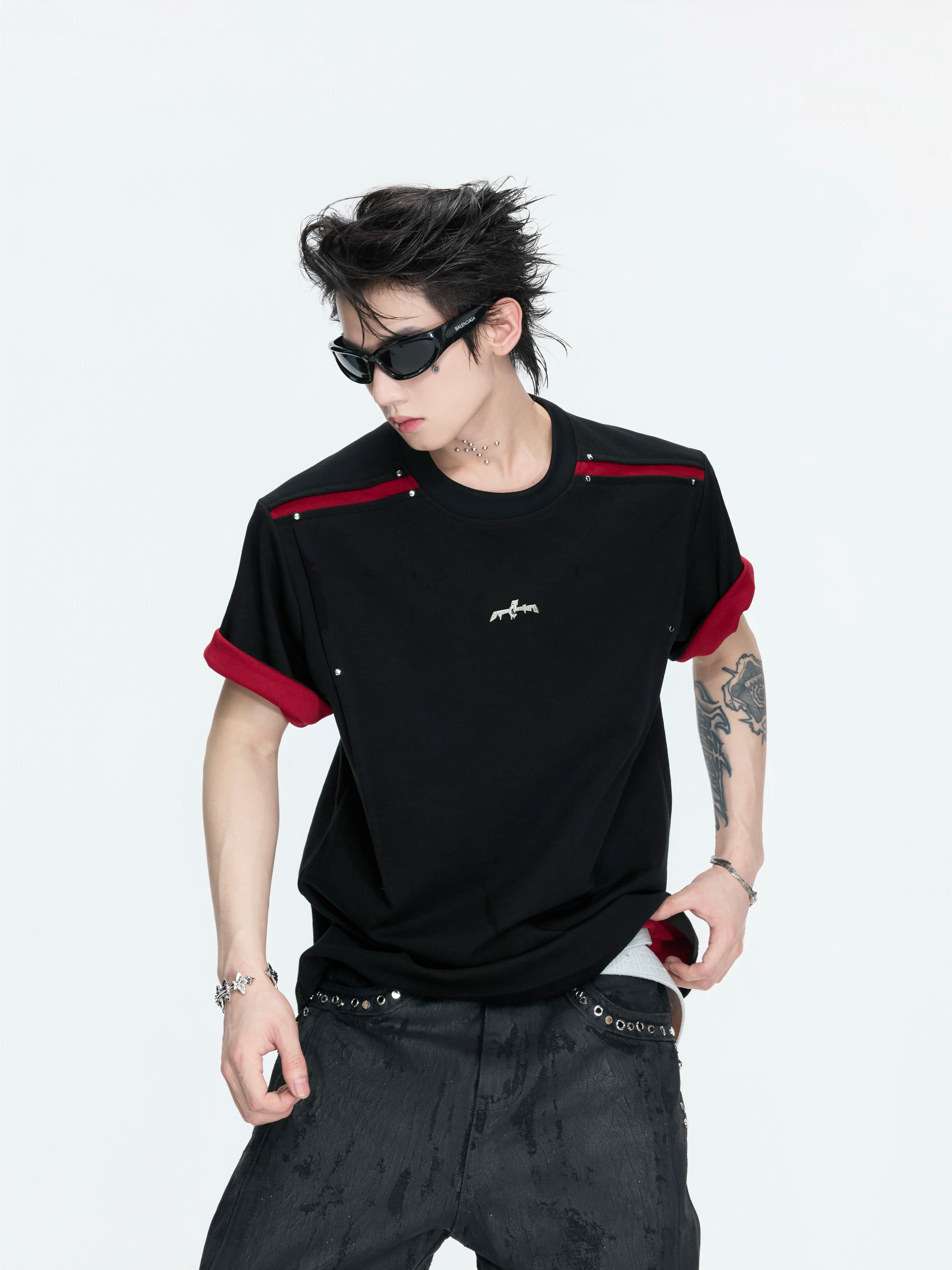 Contrast Trim Studded Shoulder T-Shirt