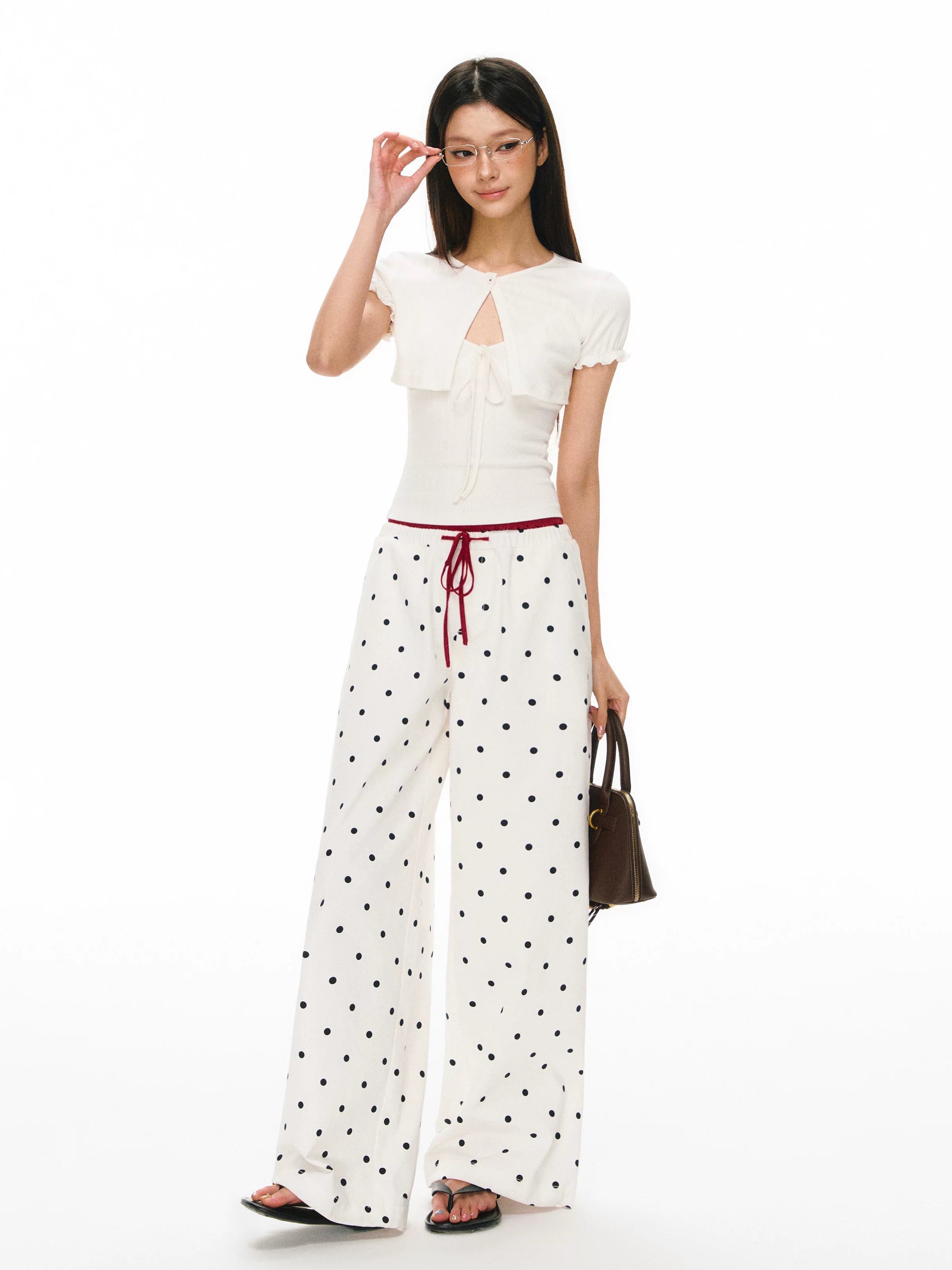 Polka Dot Drawstring Wide Leg Pants