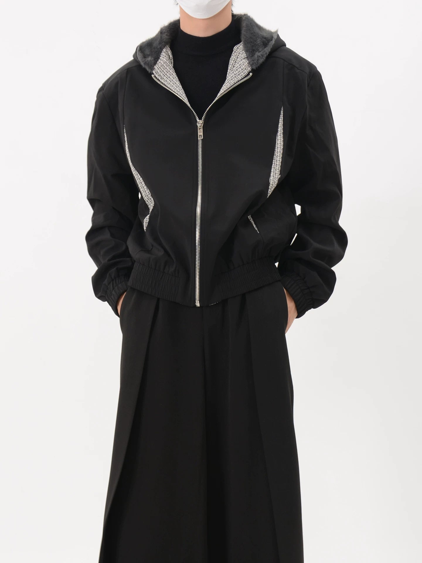 Contrast-Panel Faux Fur-Lined Hooded Bomber Jacket