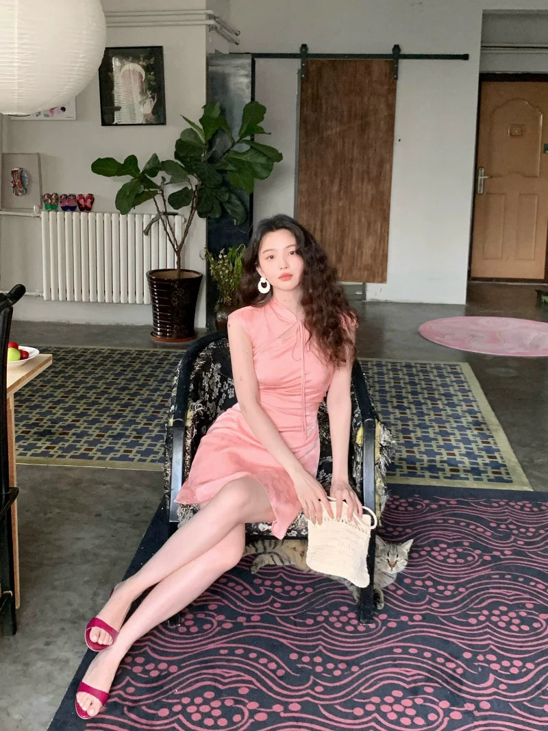 Satin Cheongsam-Inspired Mini Dress