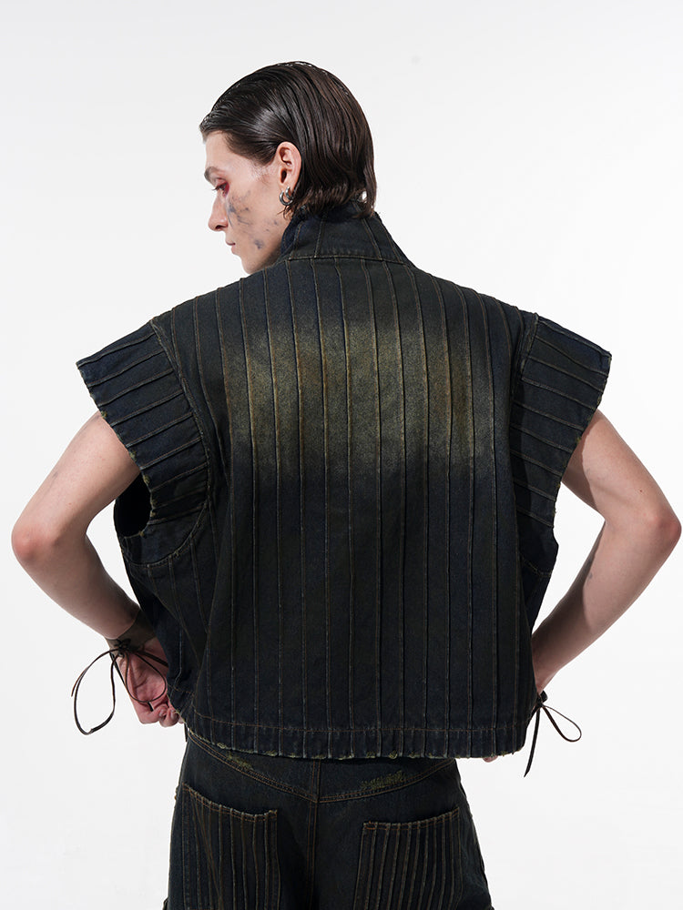 Standing-Neck Industrial Denim Jacket and Denim Pants Setup