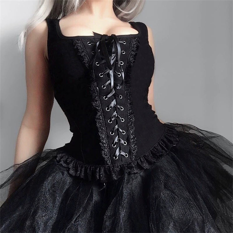 Wannathis Gothic Lace-Up Crop Top - Black Sleeveless Corset Tank With Lace Trim