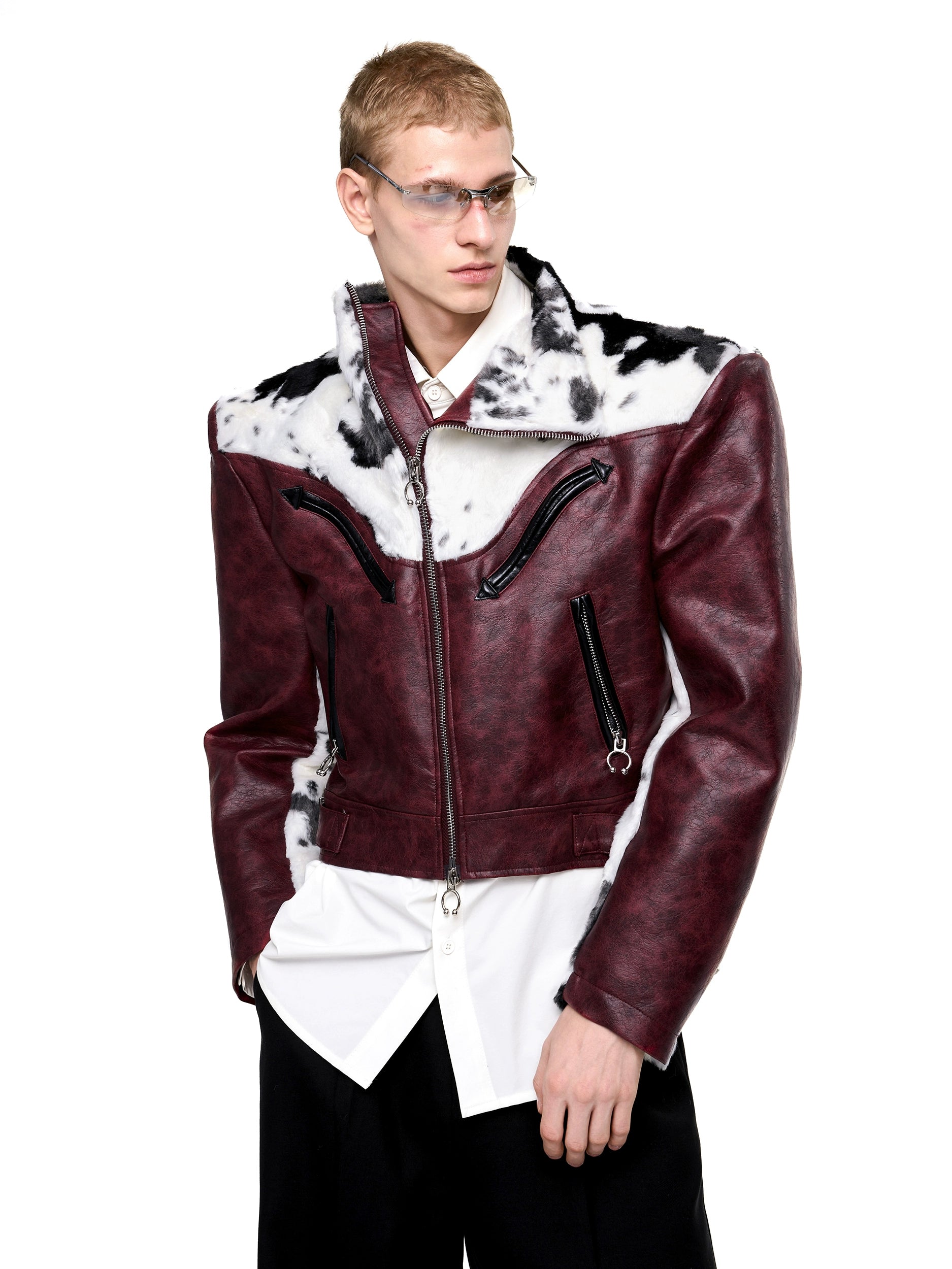 Cow Print Panel Moto Jacket