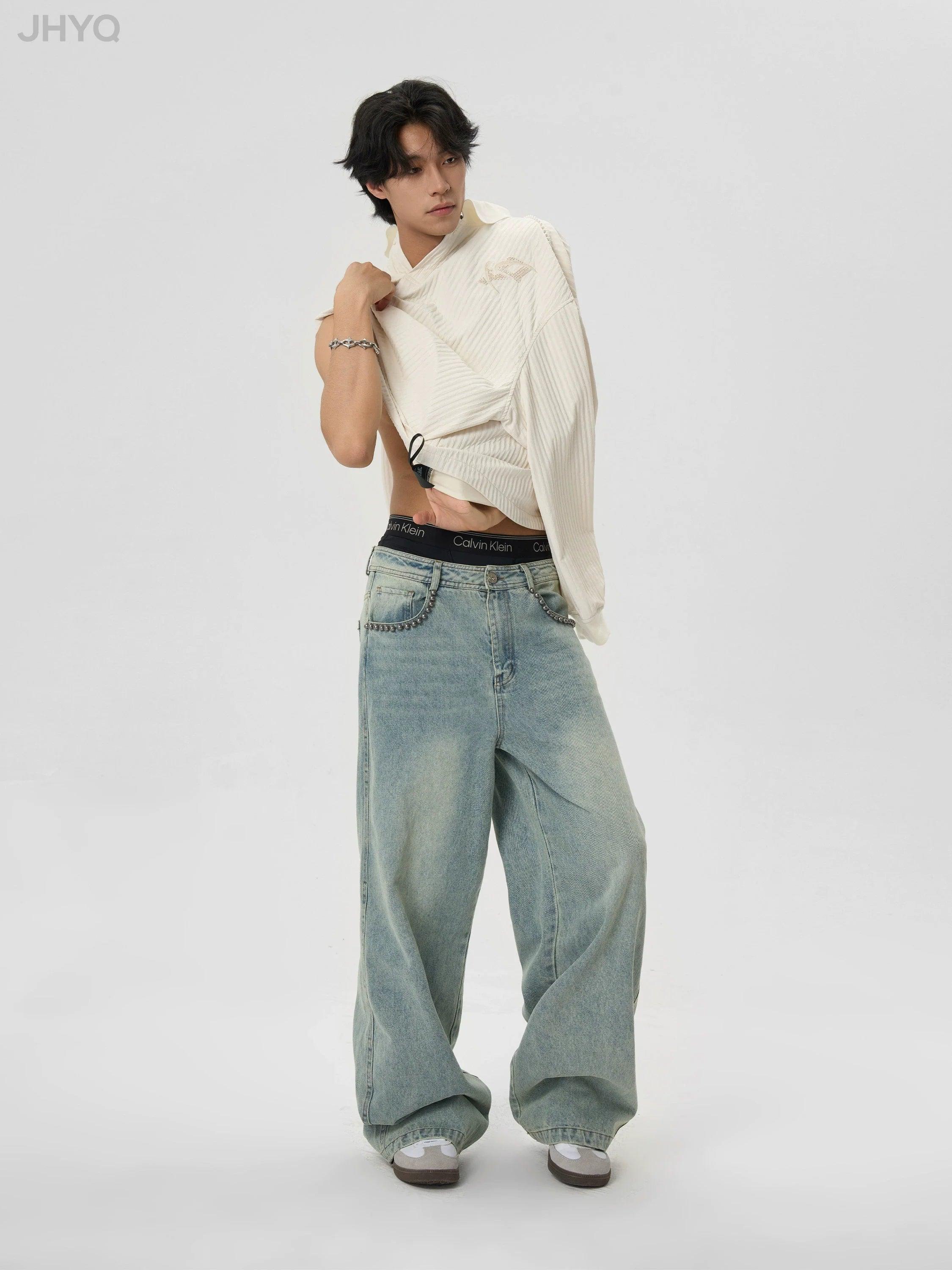 Light Wash Baggy Jeans with Beaded Pockets - chiclara