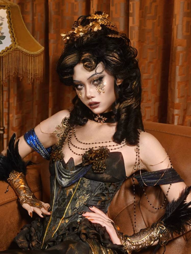 Victorian Steampunk Corset Dress - Gold Satin Gothic Ball Gown