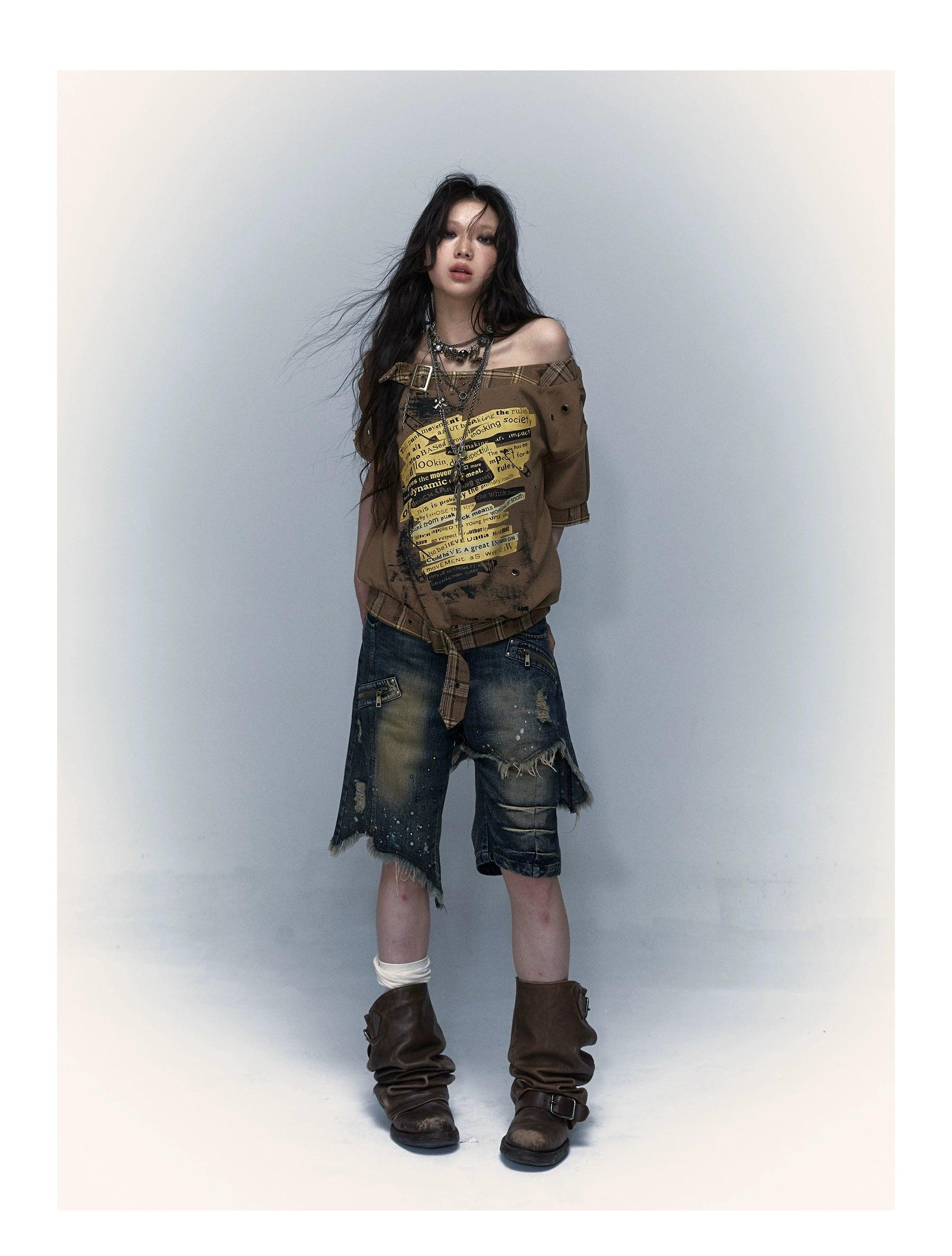 No Romance Asymmetrical Distressed Denim Shorts - Unisex Grunge Ripped Jean Capris With Paint Splatter