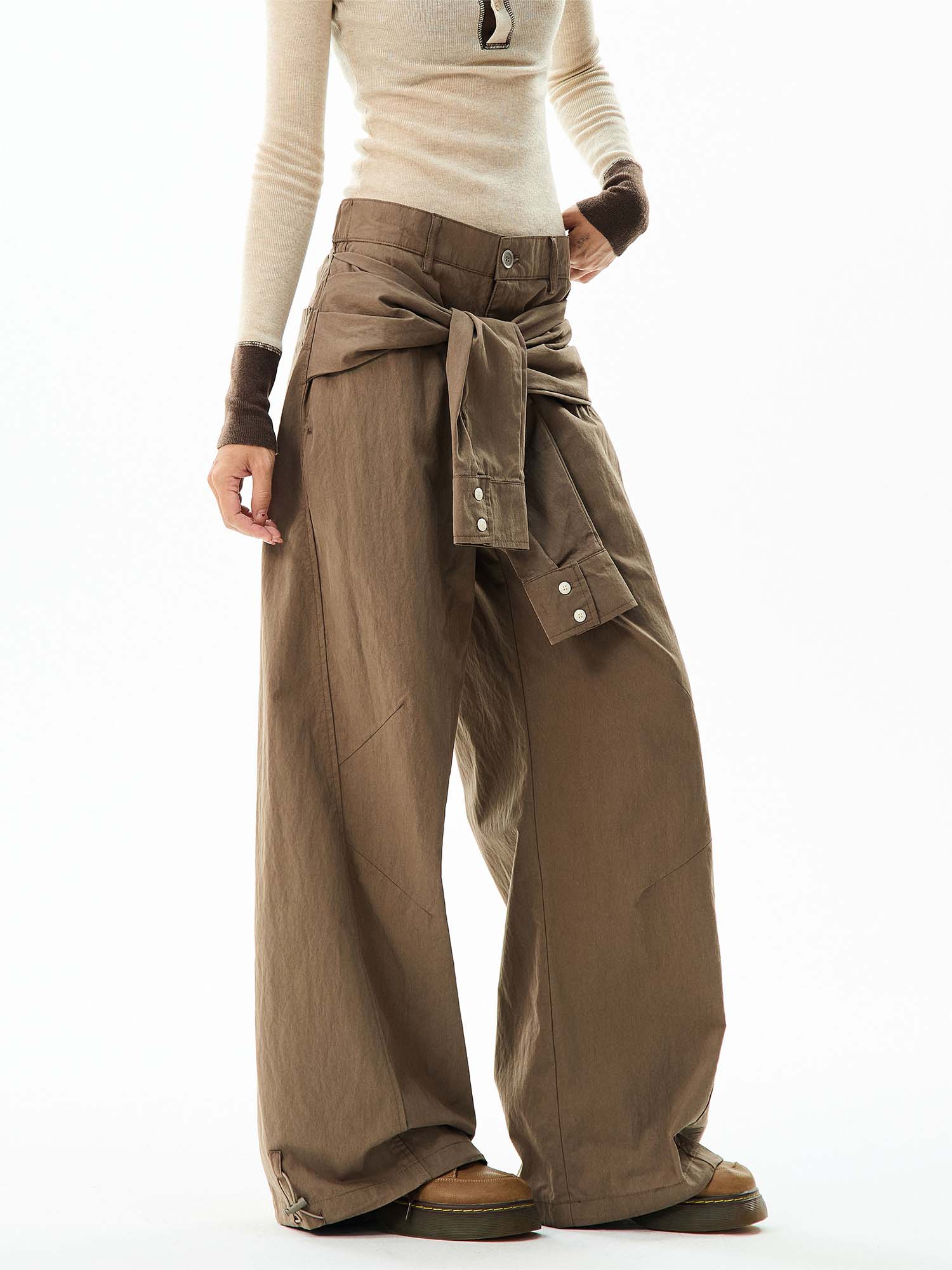 Wide-Leg Cargo Pants with Tie-Front Detail