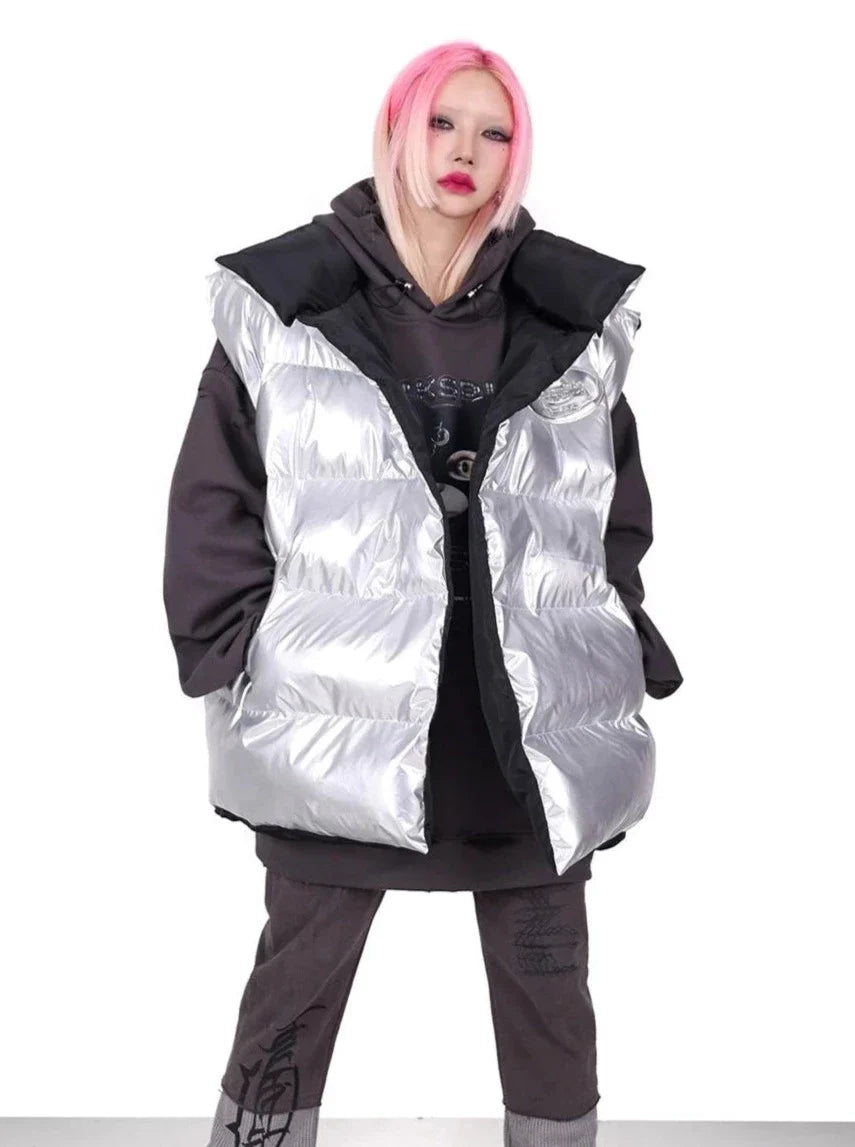 PINKSPINK Reversible Puffer Vest - Silver/Black