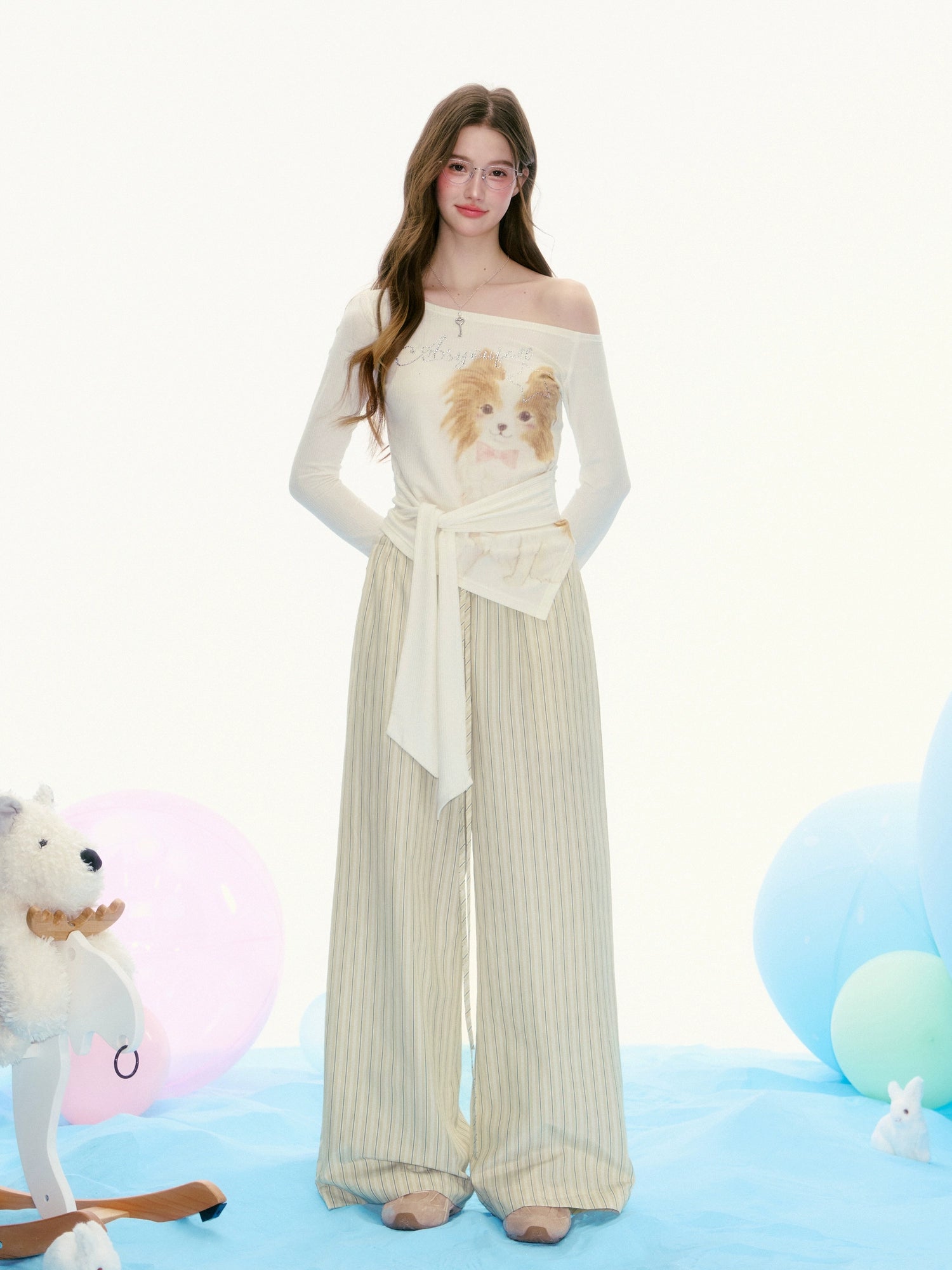 Cream Pinstriped Wide-Leg Palazzo Pants