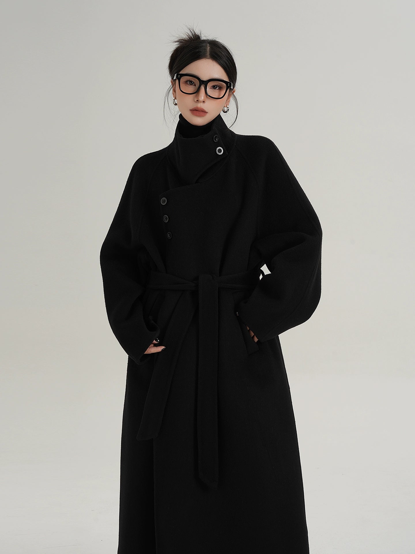 Obsidian Ascent Funnel-Belt Wool Coat